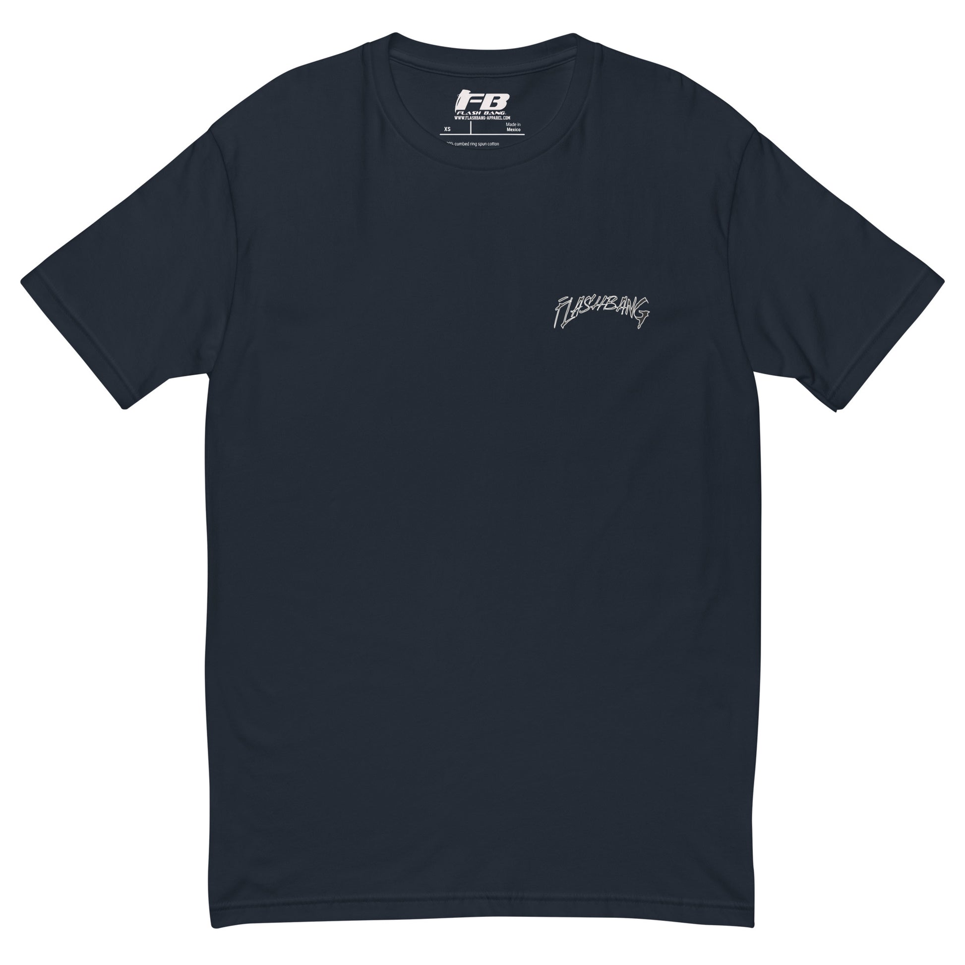 LA Lost Souls T-shirt with skeleton design, embodying streetwear LA style and honoring veterans - Front View - Midnight Navy with Flashbang Text