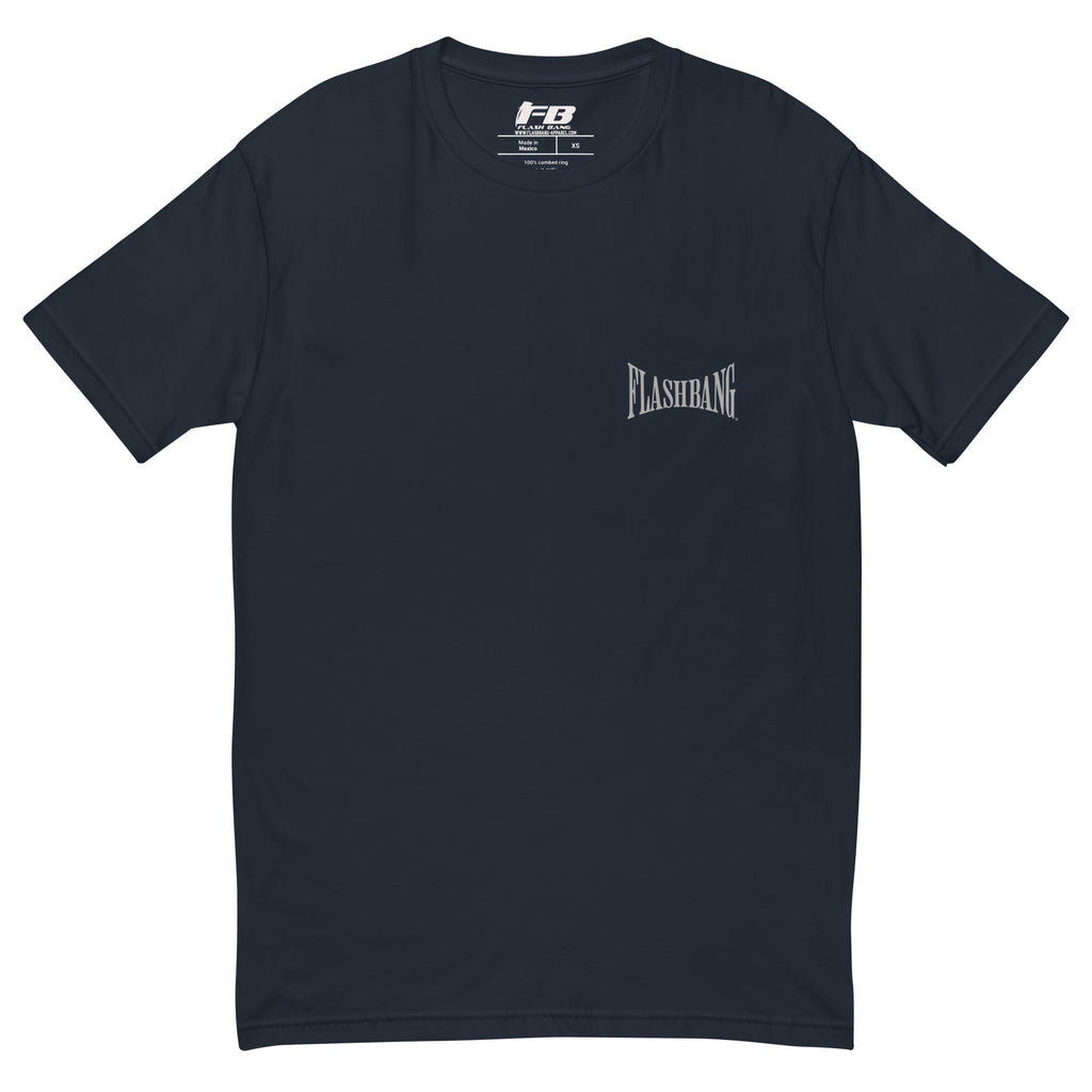 Proud American T-shirt with American flag graphic - Front View - Midnight Navy with Flashbang Text