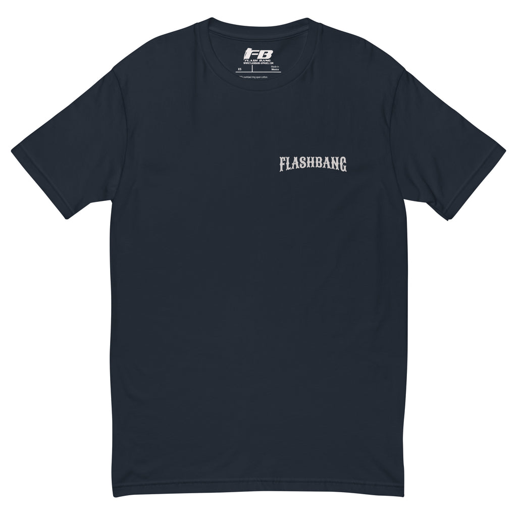 No Days Off T-shirt for veterans, featuring a rugged design. Ideal for those who wear tactical apparel with pride and strength - Front View - Midnight Navy with Flashbang Text