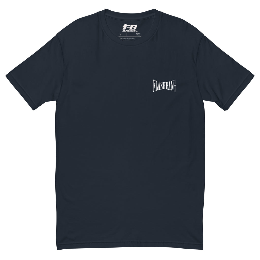 Authentic White T-shirt with bold letter print, designed for comfort and durability, perfect for those who love authentic graphic shirts - Front View - Midnight Navy with Flashbang Text