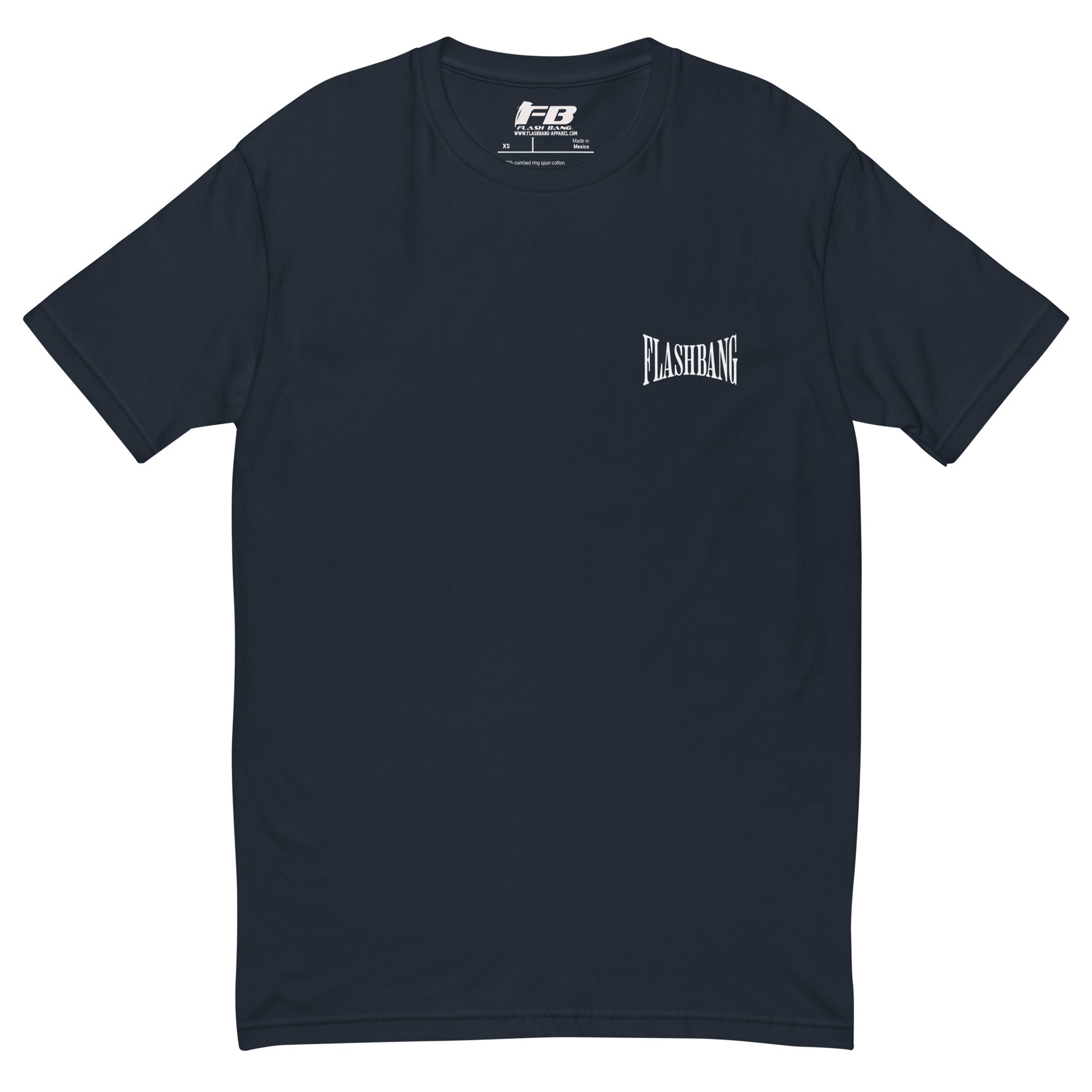 Authentic White T-shirt with bold letter print, designed for comfort and durability, perfect for those who love authentic graphic shirts - Front View - Midnight Navy with Flashbang Text