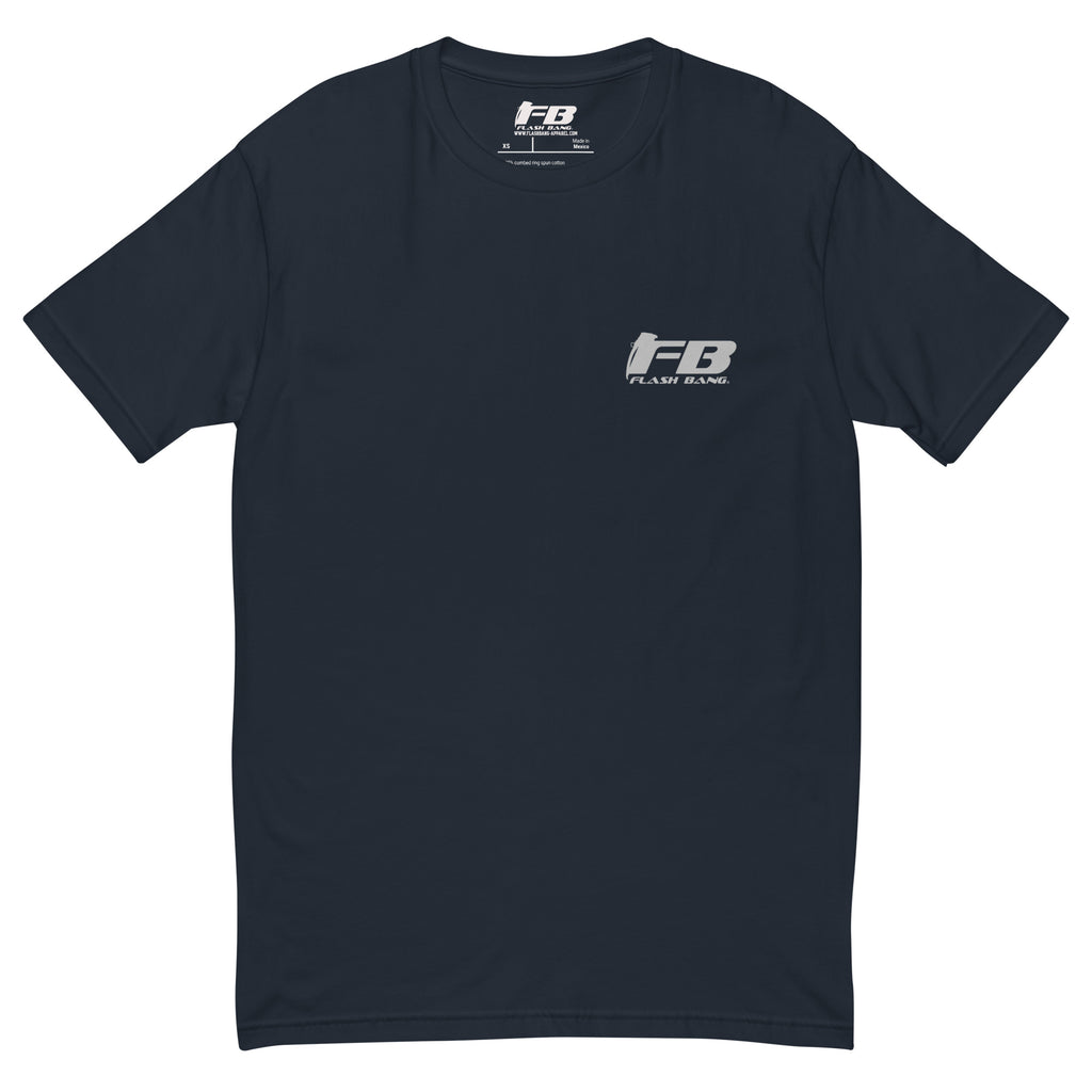 Courage warrior t-shirt with sword and wings graphic, honoring brave troops and soldiers with rugged style and bold military inspiration - Front View - Midnight Navy with Flashbang Text