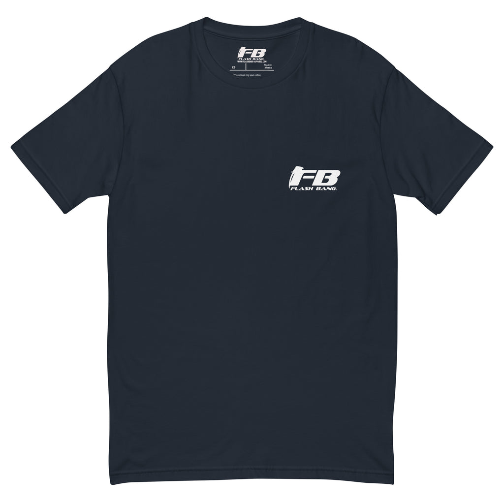Freedom T-shirt – USA Flag Design for Men – Patriotic Shirt for Veterans - Front View -Midnight Navy with Flashbang Text