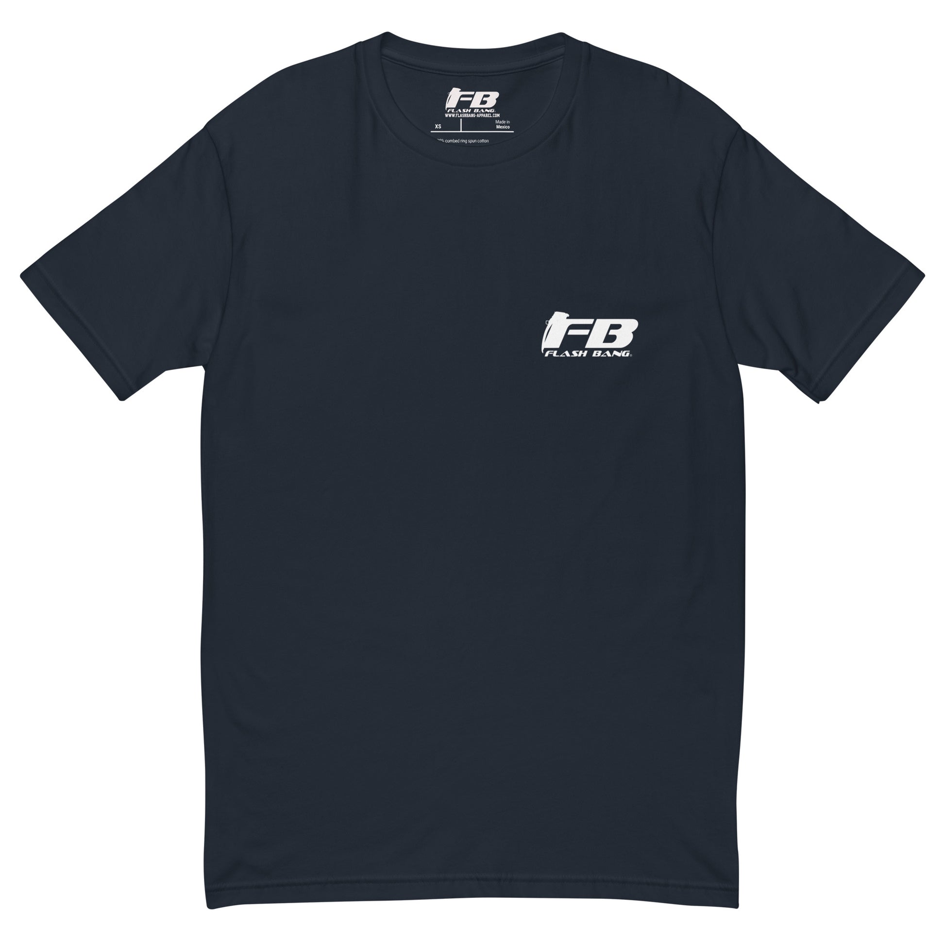 Freedom T-shirt – USA Flag Design for Men – Patriotic Shirt for Veterans - Front View -Midnight Navy with Flashbang Text