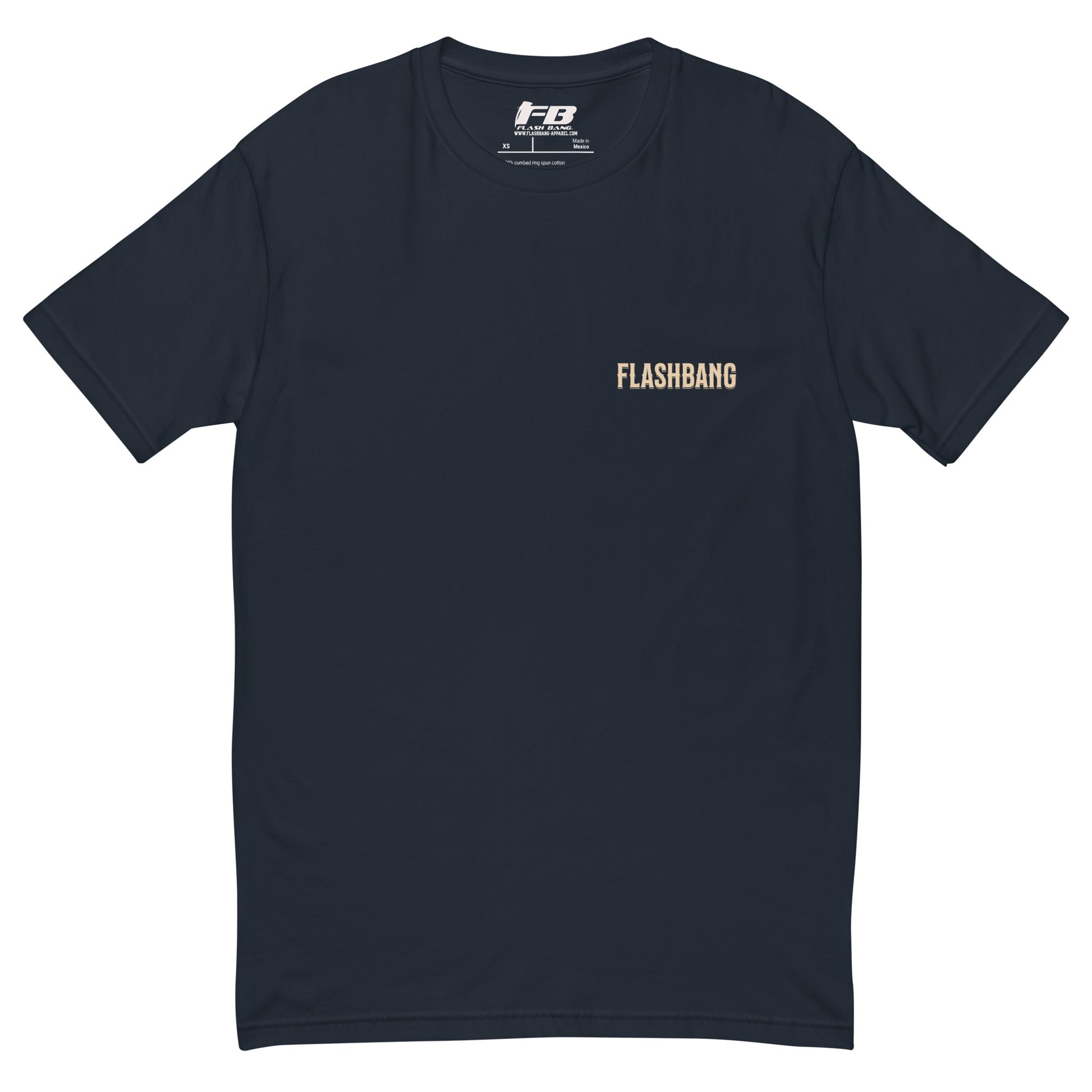 American Style T-shirt featuring USA flag and Strength Honor Freedom message, designed for veterans and patriots - Front View - Midnight Navy with Flashbang Text