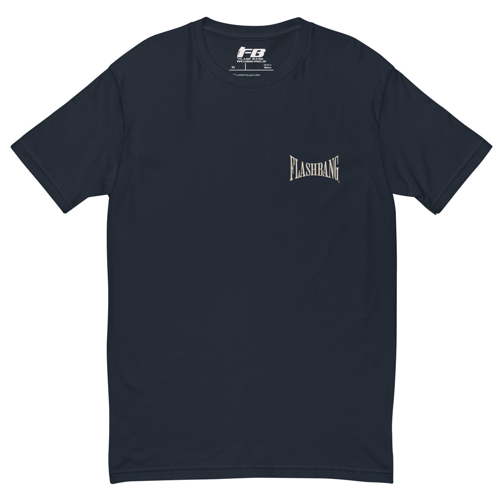 Shot Caller T-shirt featuring a skull design, honoring police and military veterans with durability and comfort.- Front View - Midnight Navy with Flashbang Text