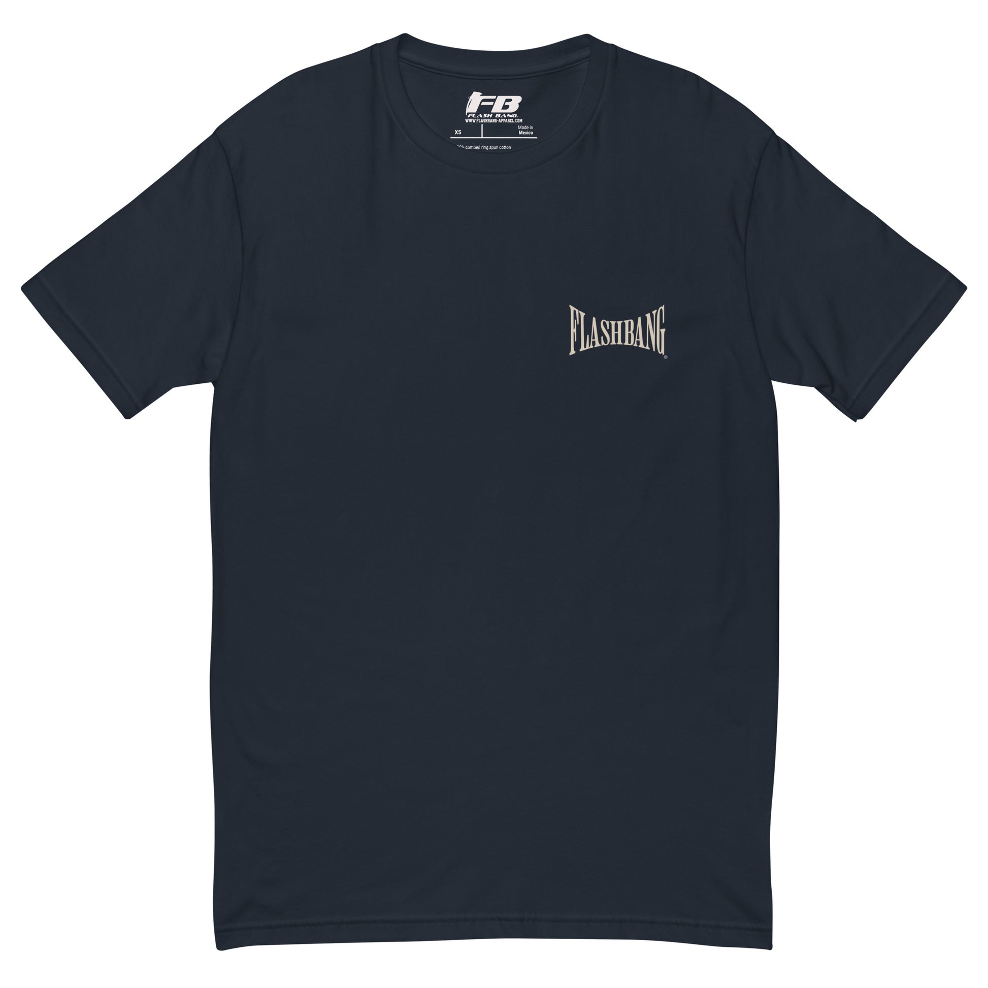 Shot Caller T-shirt featuring a skull design, honoring police and military veterans with durability and comfort.- Front View - Midnight Navy with Flashbang Text