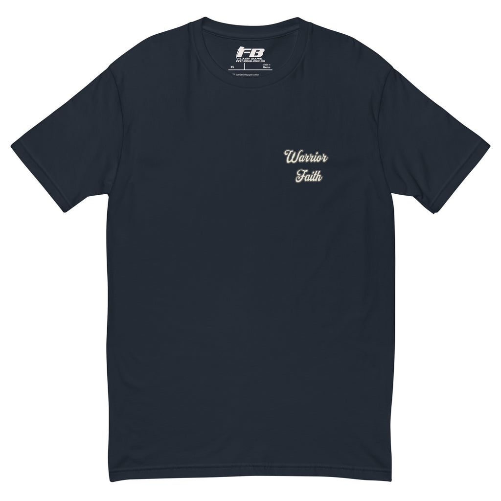Warrior Faith T-shirt featuring a fighter graphic, symbolizing strength, resilience, and honor, perfect for veterans and those who serve - Front View - Midnight Navy with Warrior Faith Text