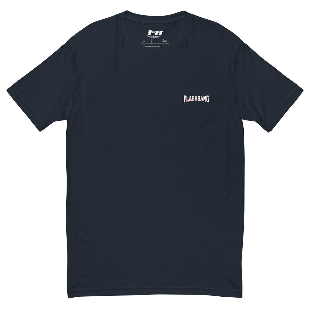 Black t-shirt with 'Flashbang' logo on a white background