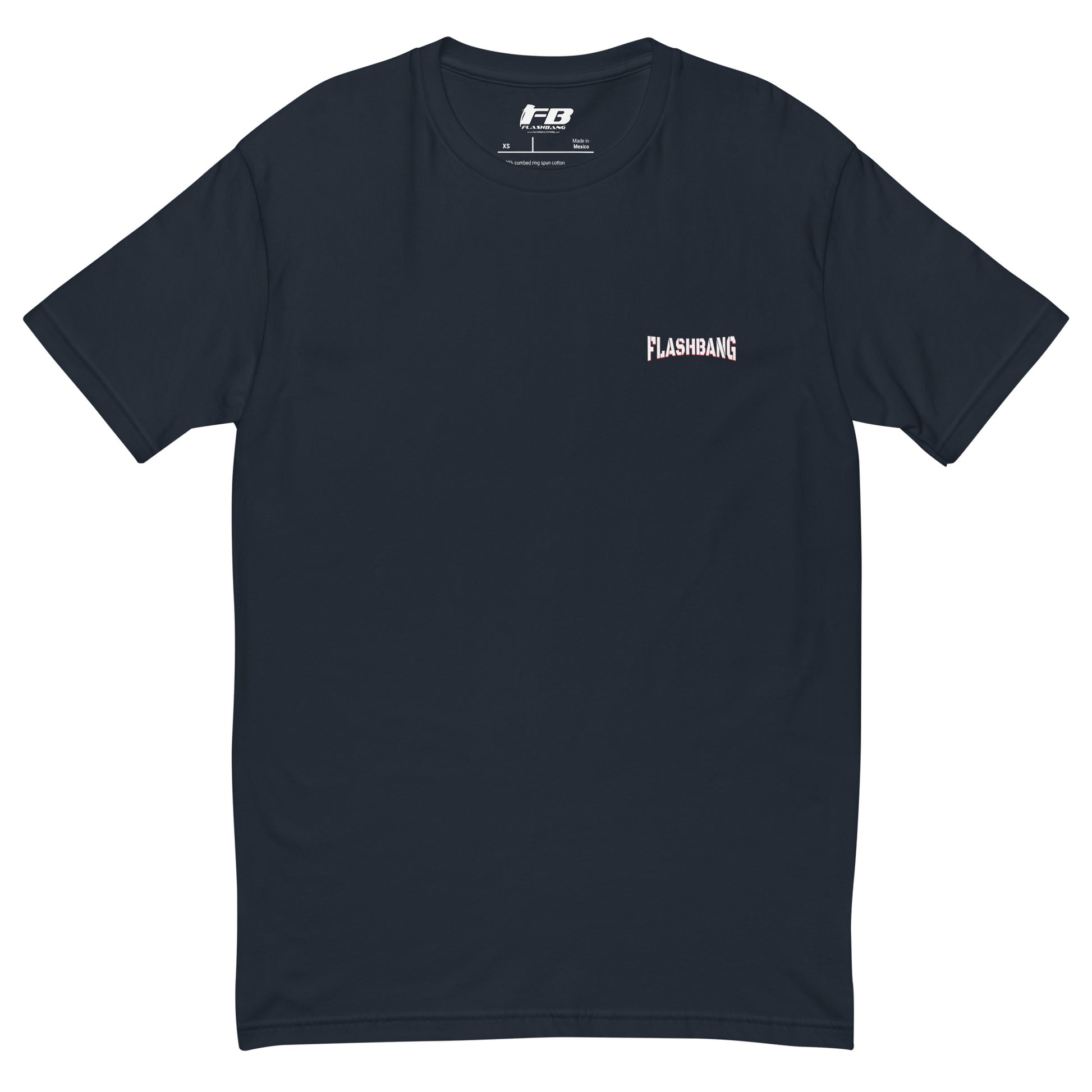 Black t-shirt with 'Flashbang' logo on a white background