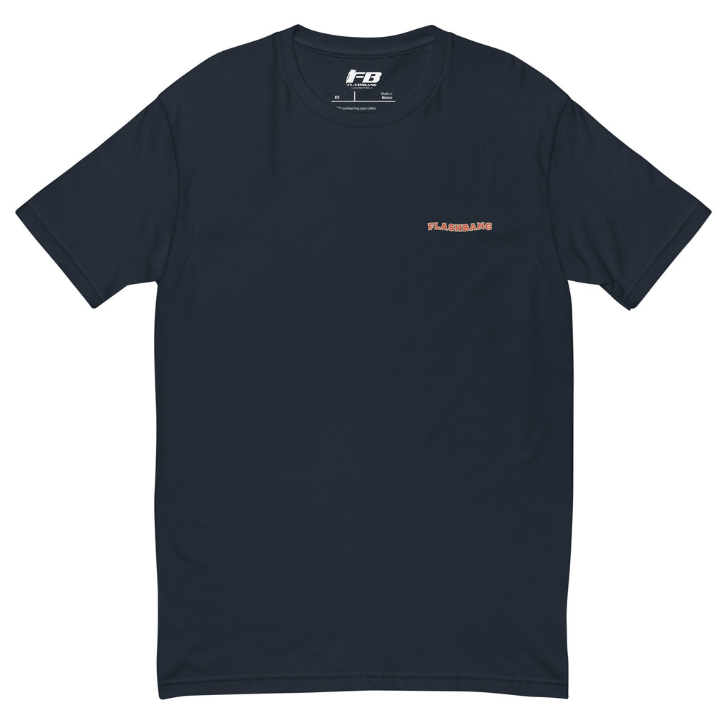 Wake Up Call T-shirt with bold cowboy-inspired western graphic design, rugged western style shirt for men - Back View - Midnight Navy with Flashbang Text