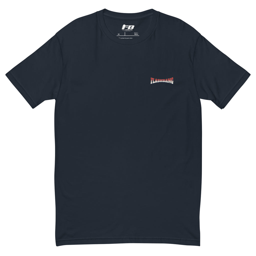 Black t-shirt with a small logo on the chest against a white background