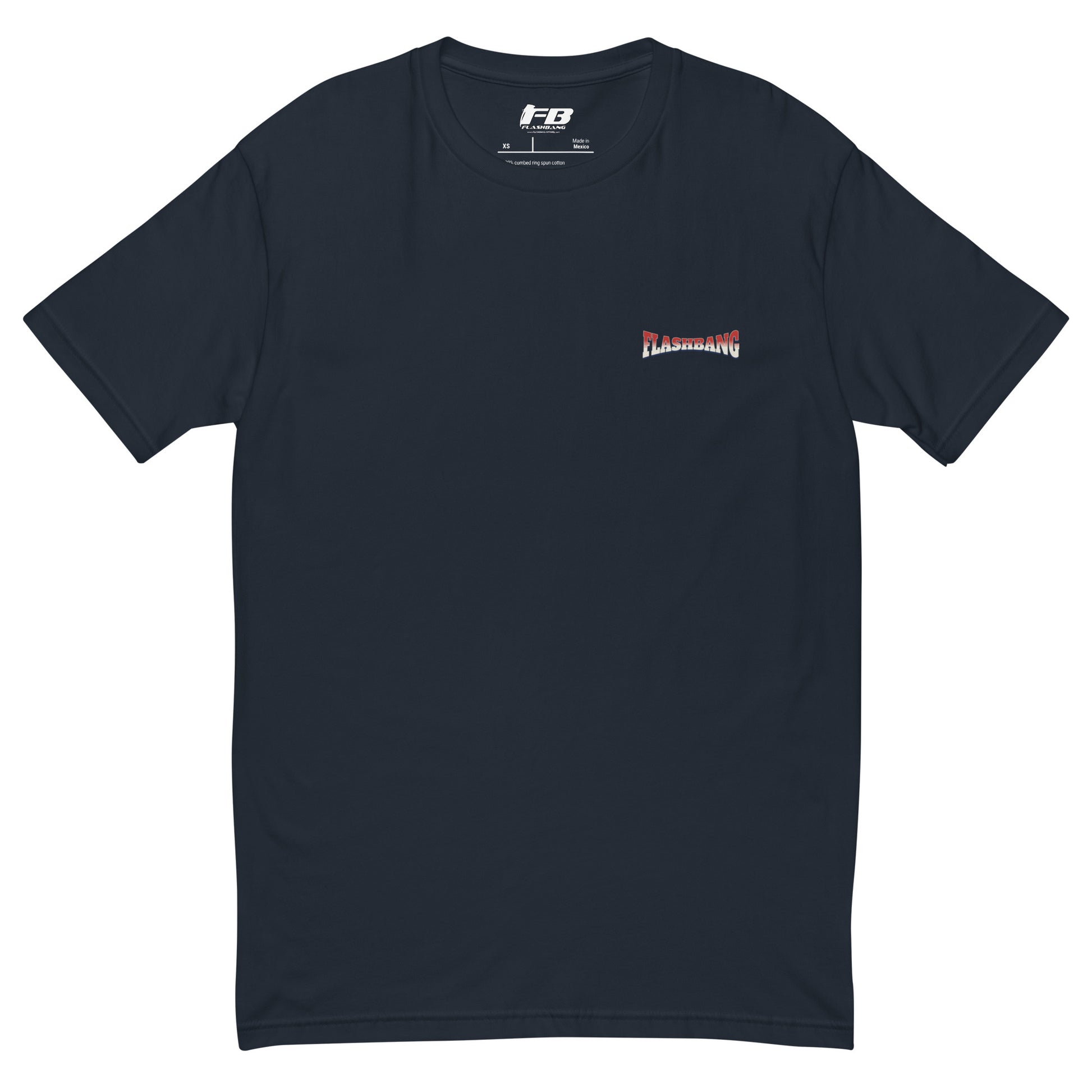 Black t-shirt with a small logo on the chest against a white background