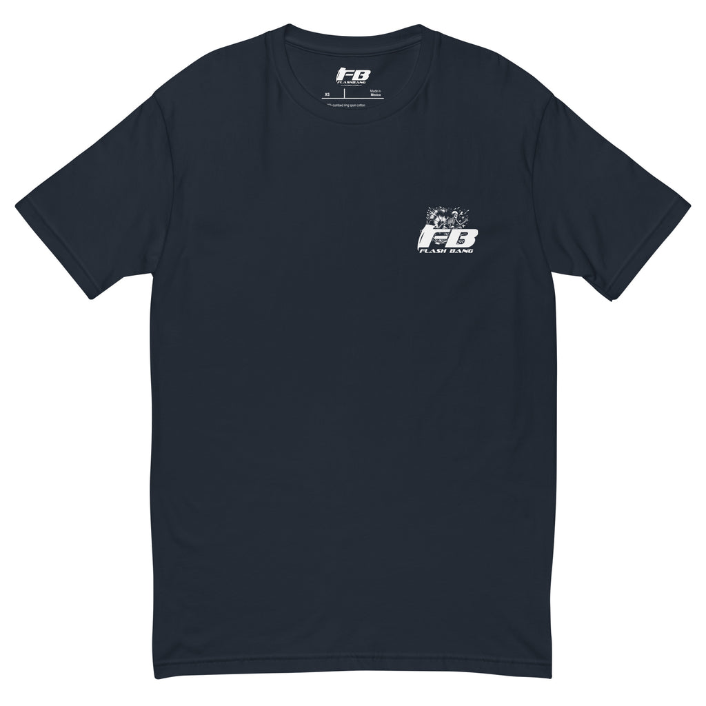 Black t-shirt with a small logo on the chest against a white background