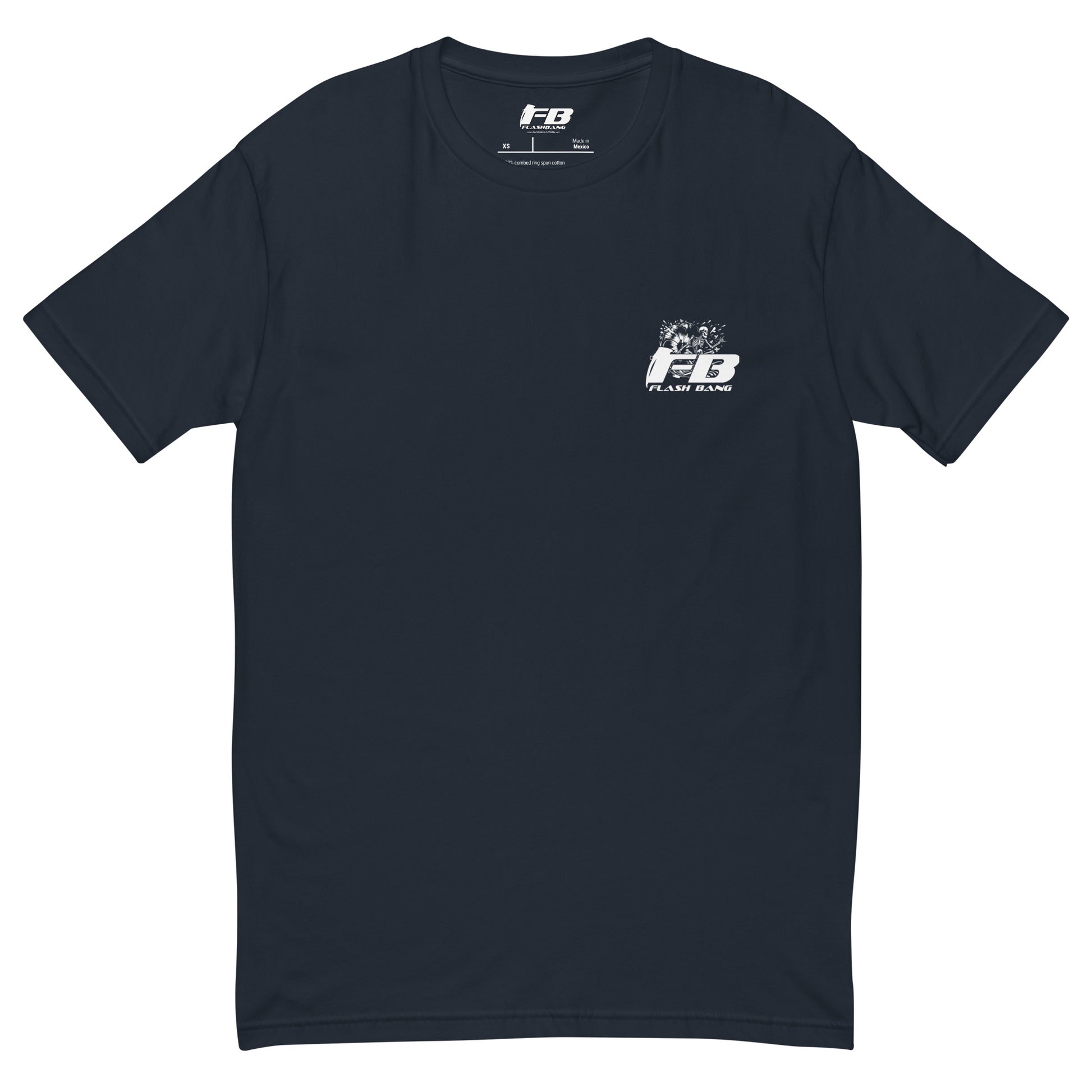 Black t-shirt with a small logo on the chest against a white background