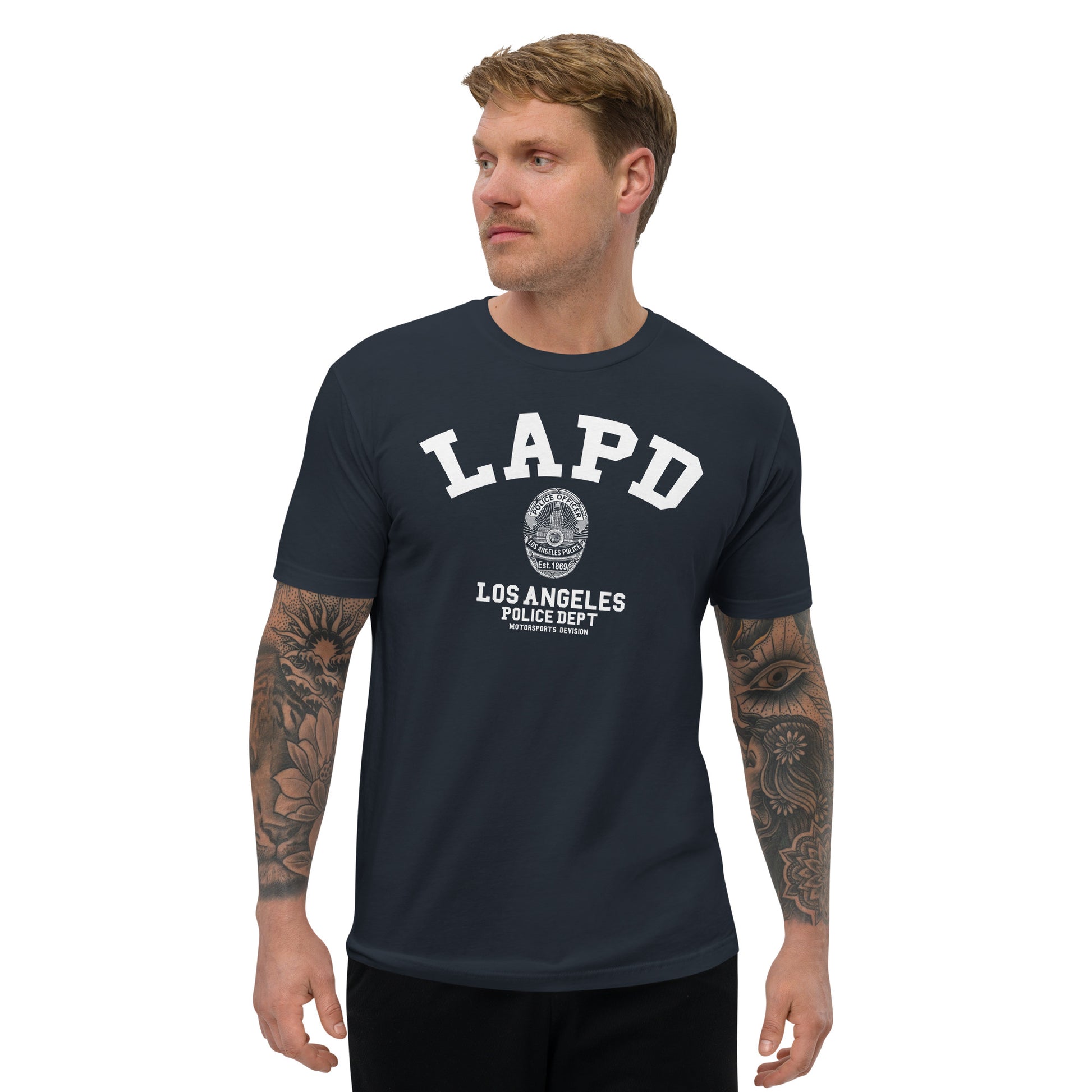 Man wearing a navy blue LAPD t-shirt on a white background