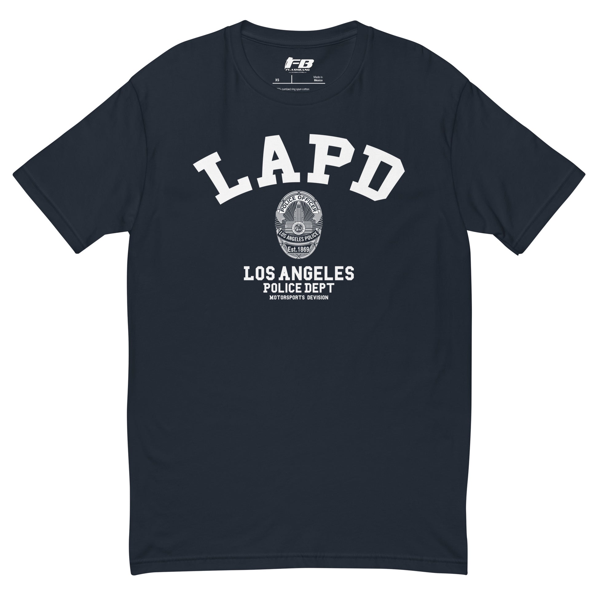Navy blue t-shirt with 'LAPD Los Angeles Police Dept' text and logo on a white background