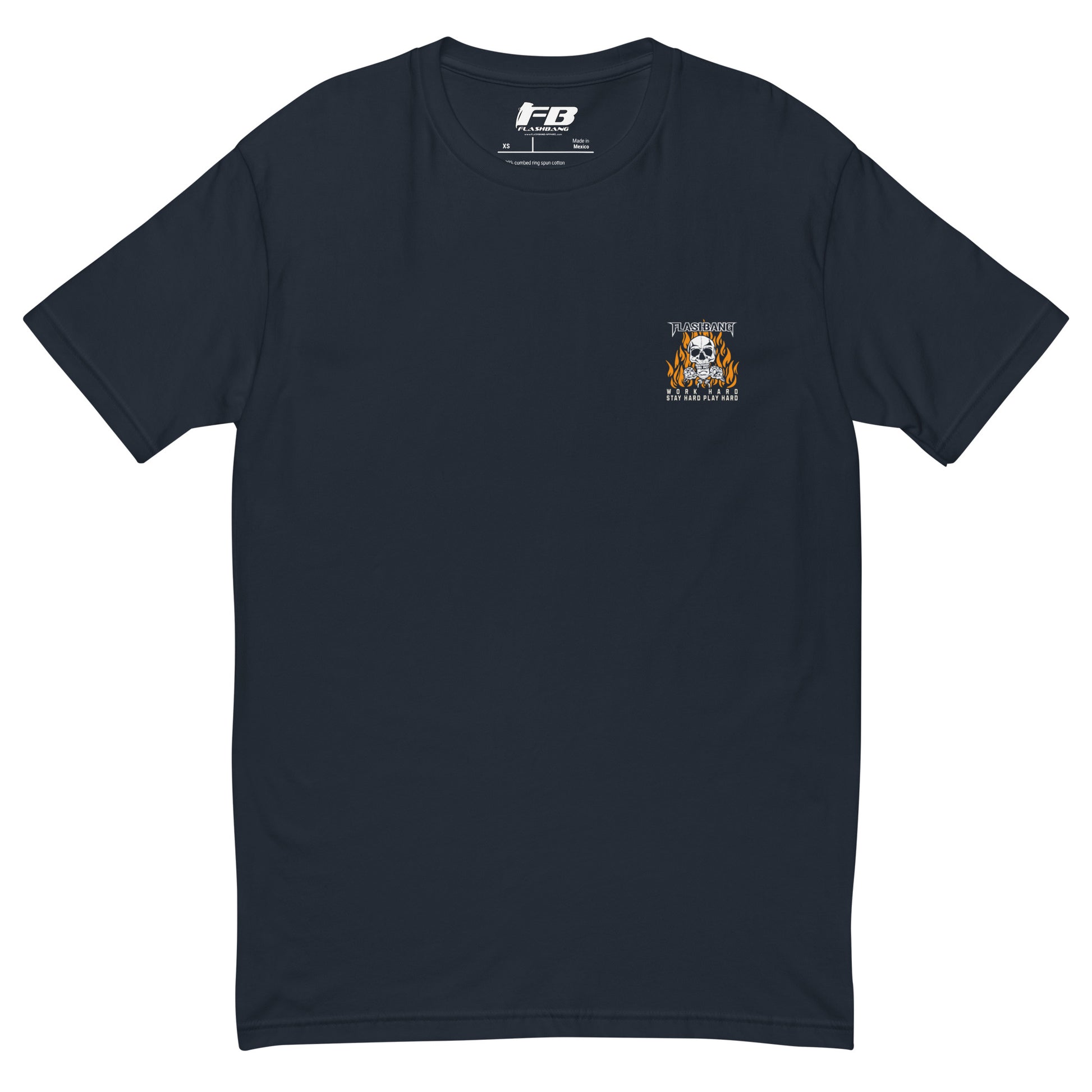Black t-shirt with a small logo on the left chest against a white background
