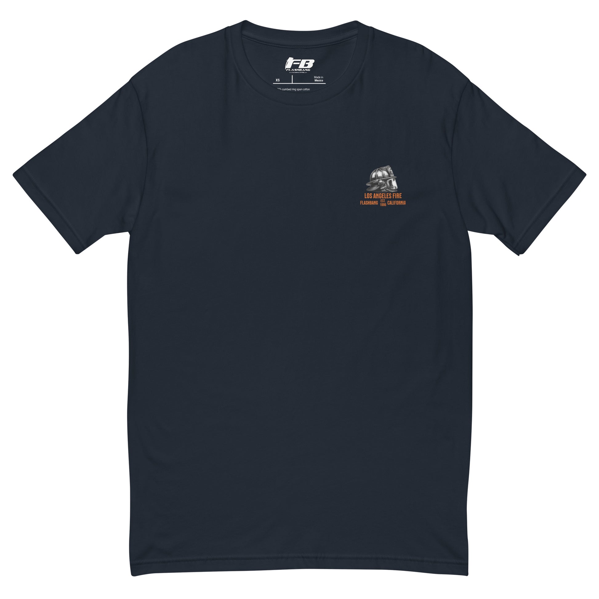 Navy blue t-shirt with a logo on the chest against a white background