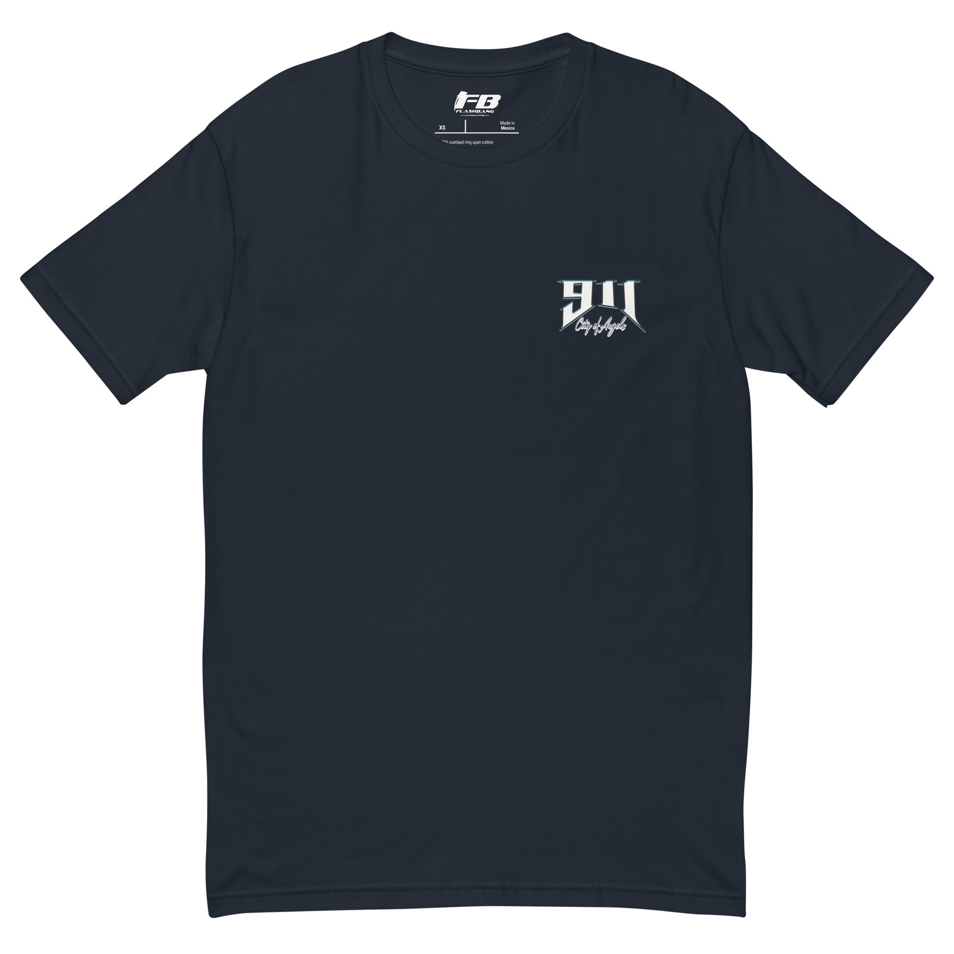 Black t-shirt with a logo on the chest against a white background