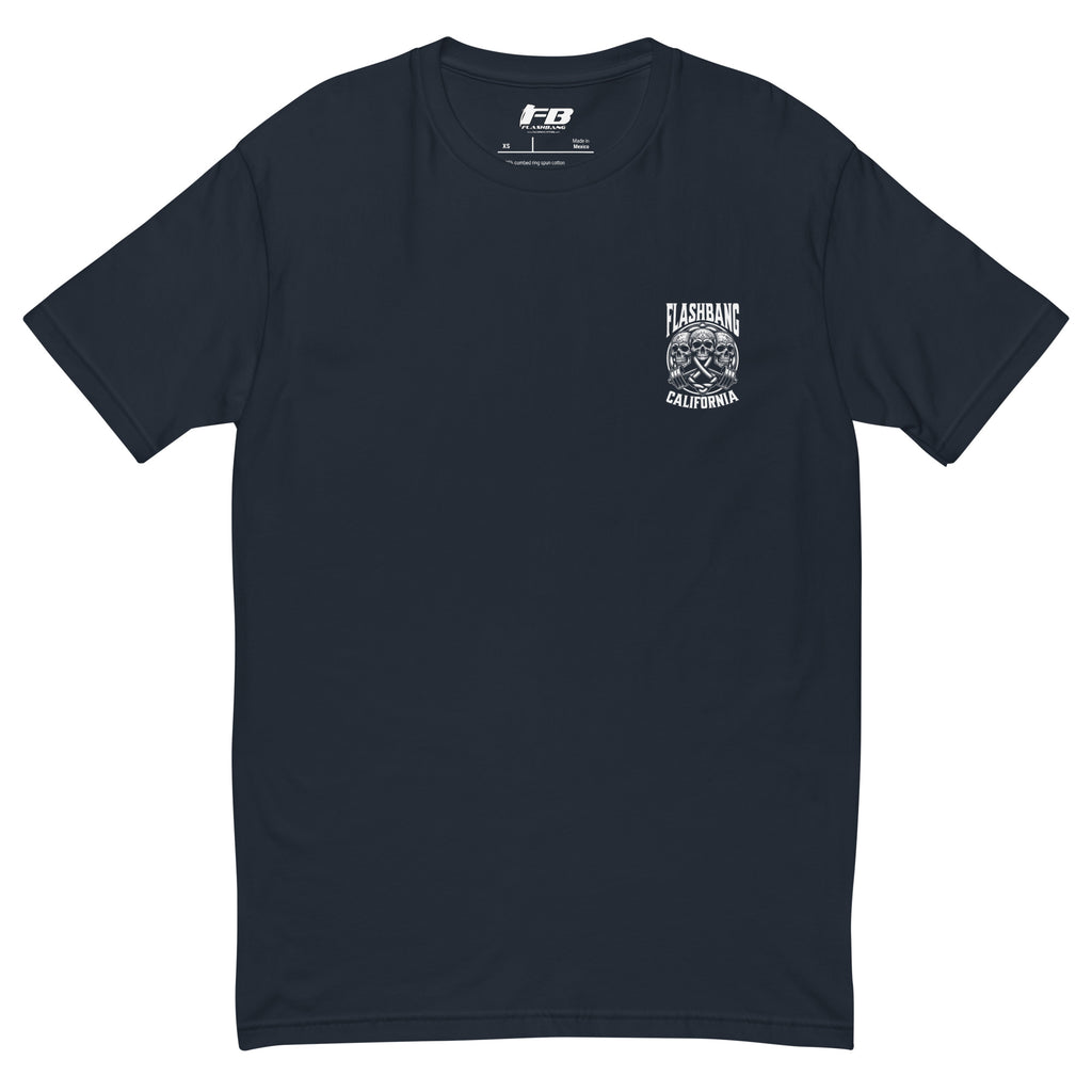 Black t-shirt with a small white logo on the chest against a white background