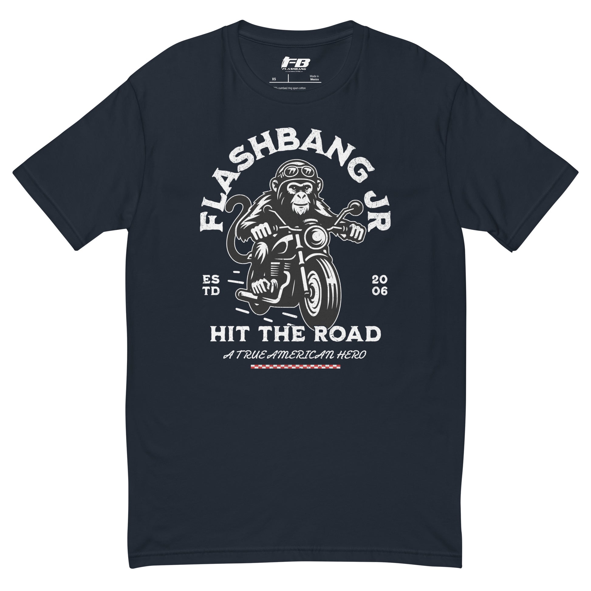 Black t-shirt with monkey on a motorcycle graphic and text on a white background