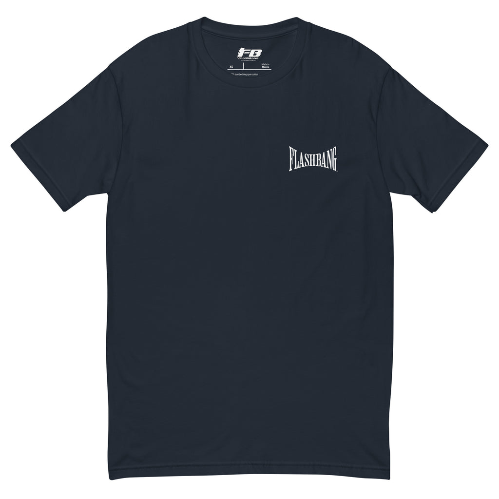 Black t-shirt with 'Flashbang' logo on a white background