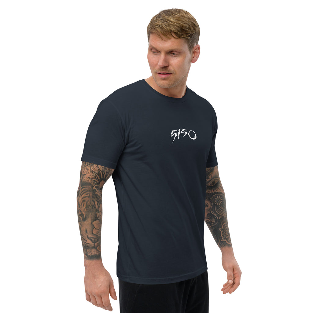 Funny World 5150 T-shirt honoring mental health awareness - Side-Front View - Midnight Navy with 5150 Text - Model Guy