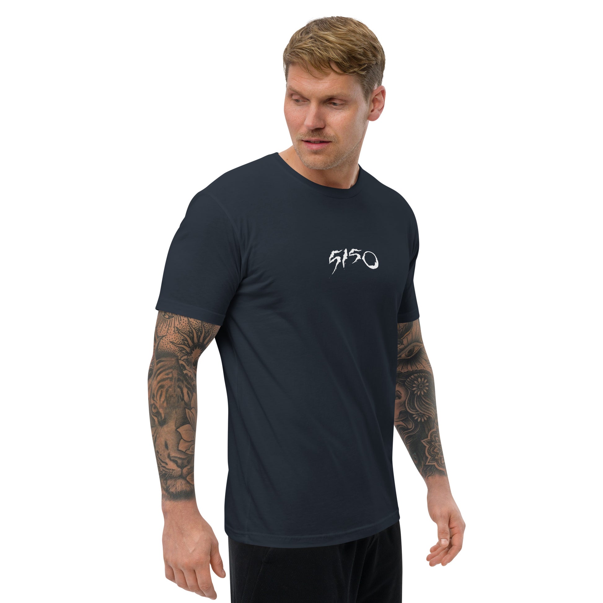 Funny World 5150 T-shirt honoring mental health awareness - Side-Front View - Midnight Navy with 5150 Text - Model Guy