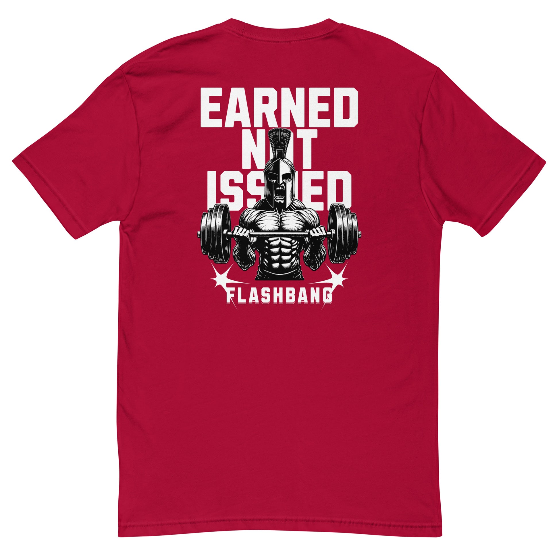 Earned Not Issued T-shirt with Spartan graphic, ideal for men who love powerlifting, weightlifting, and fitness motivation quotes - Back View - Red