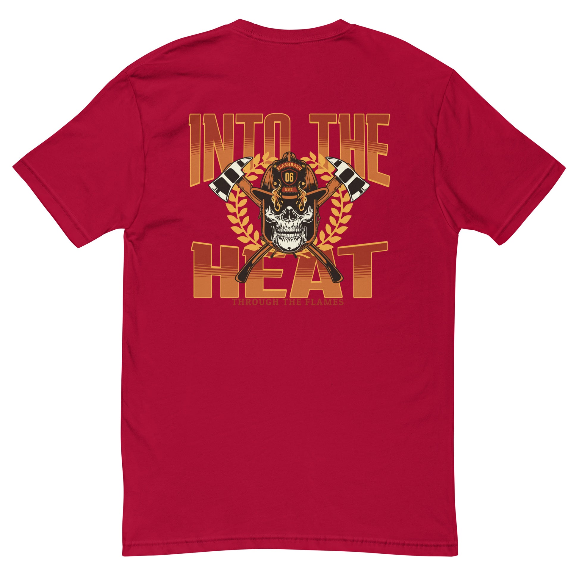Into The Heat T-shirt with firefighter skull graphic, perfect for brave men who love firefighter apparel - Back View - Red