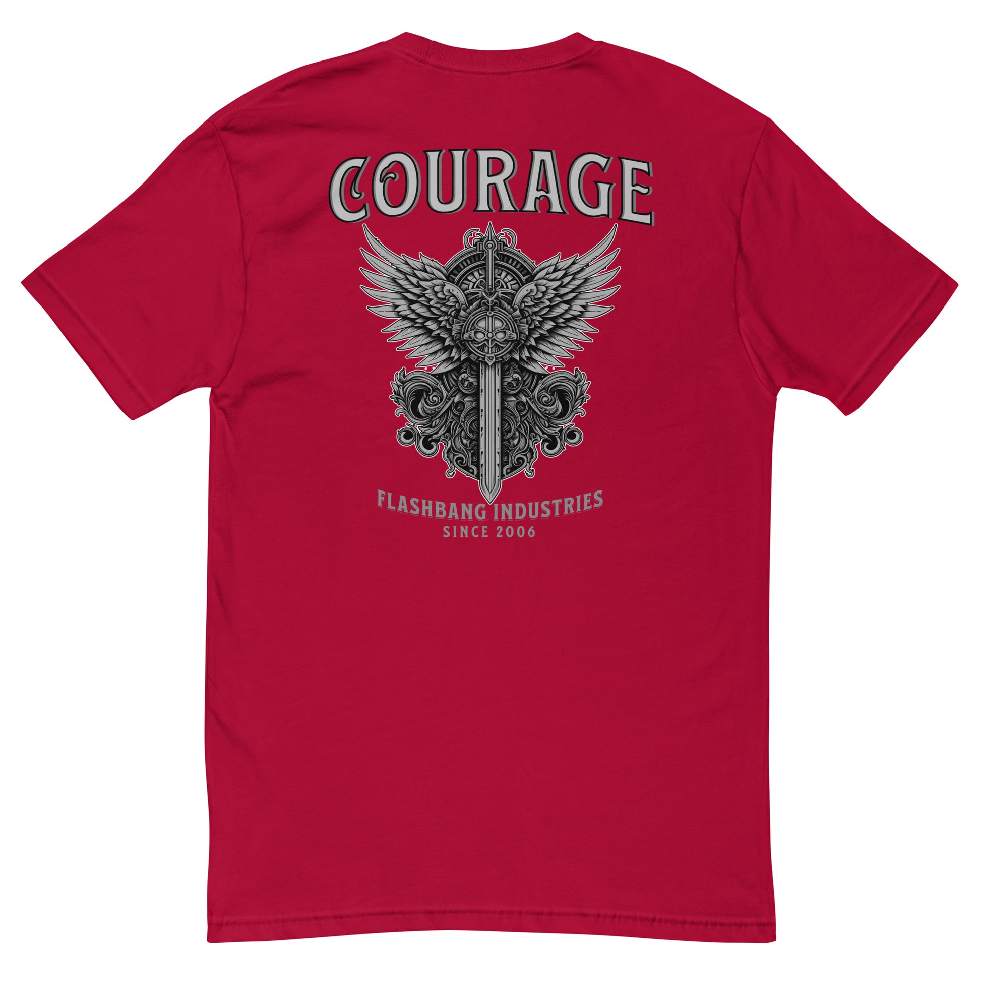 Courage warrior t-shirt with sword and wings graphic, honoring brave troops and soldiers with rugged style and bold military inspiration - Back View - Red