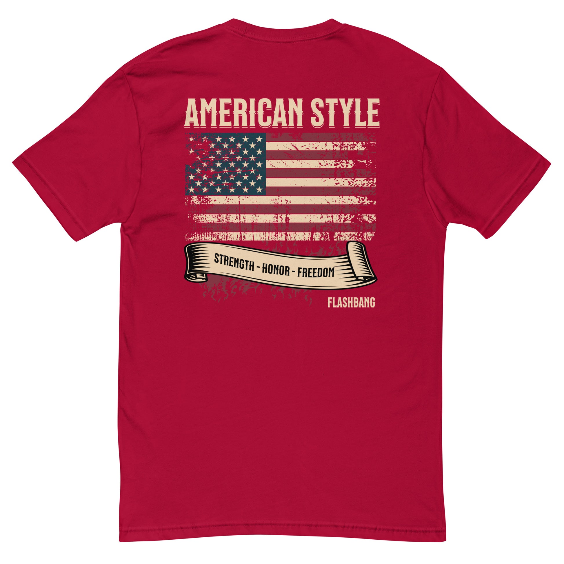 American Style T-shirt featuring USA flag and Strength Honor Freedom message, designed for veterans and patriots - Back View - Red