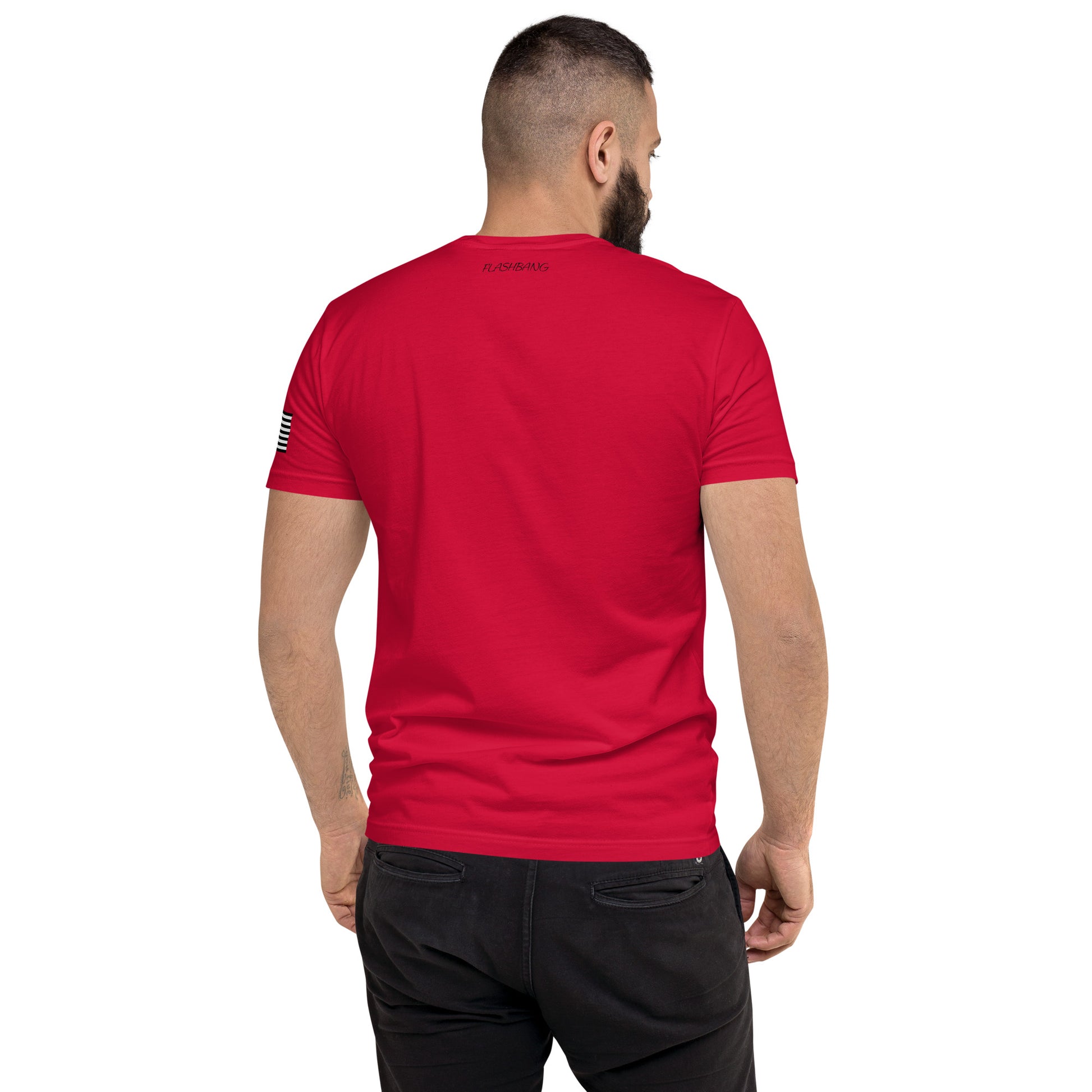 Stay Humble T-shirt with black writing with american flag on sleeve - Back View - Red - Model Guy