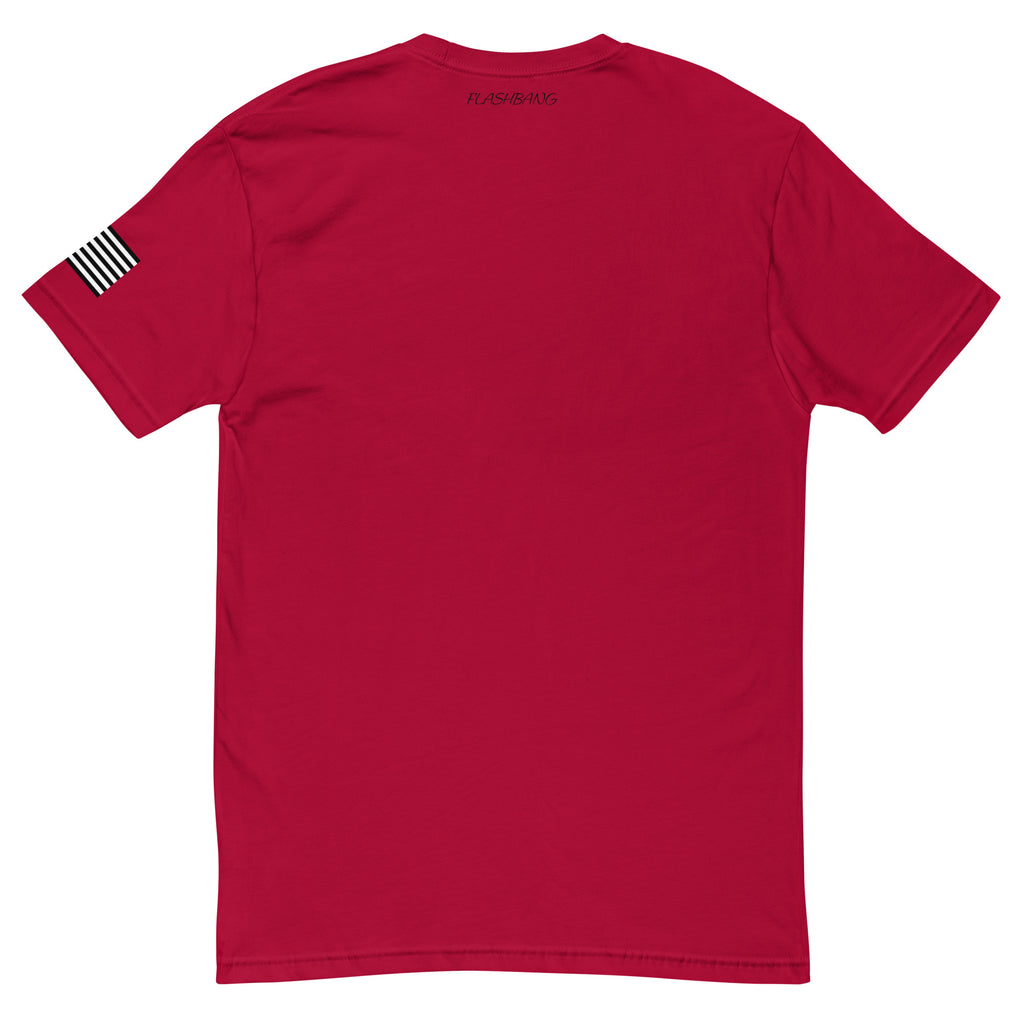 Stay Humble T-shirt with black writing with american flag on sleeve - Front View - Red