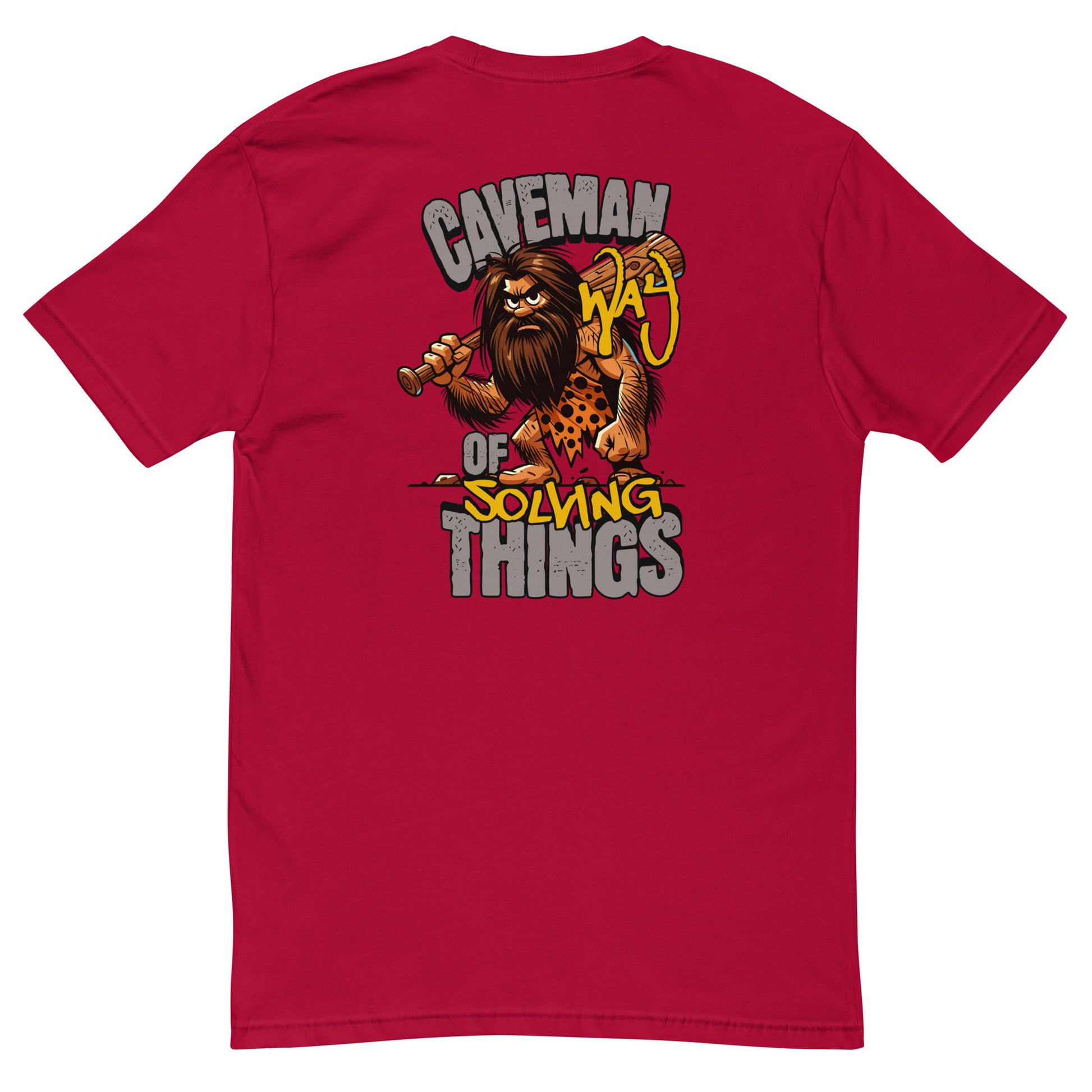 Caveman T-shirt, cave man way of solving things text - Back View - Red