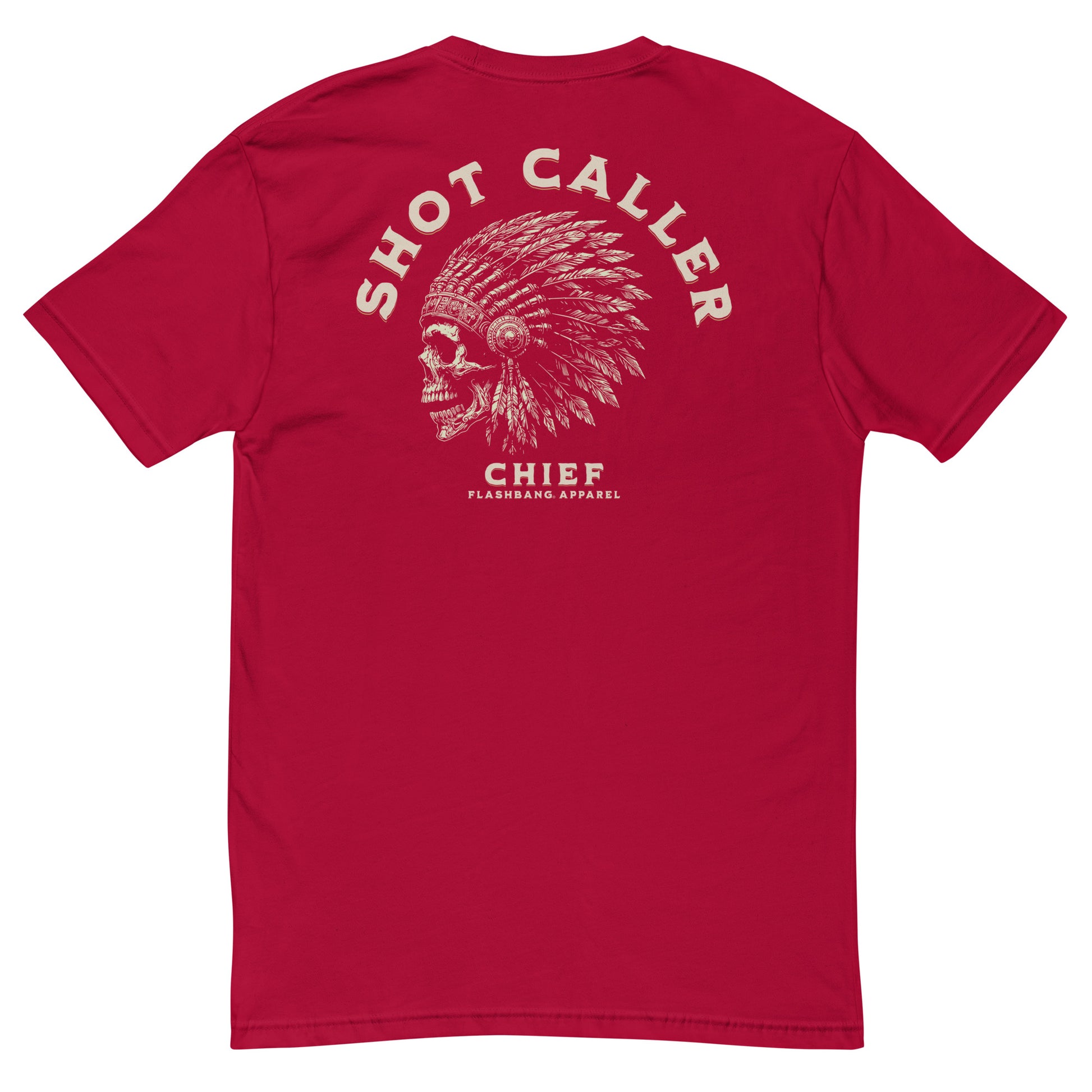 Shot Caller T-shirt featuring a skull design, honoring police and military veterans with durability and comfort.- Back View - Red