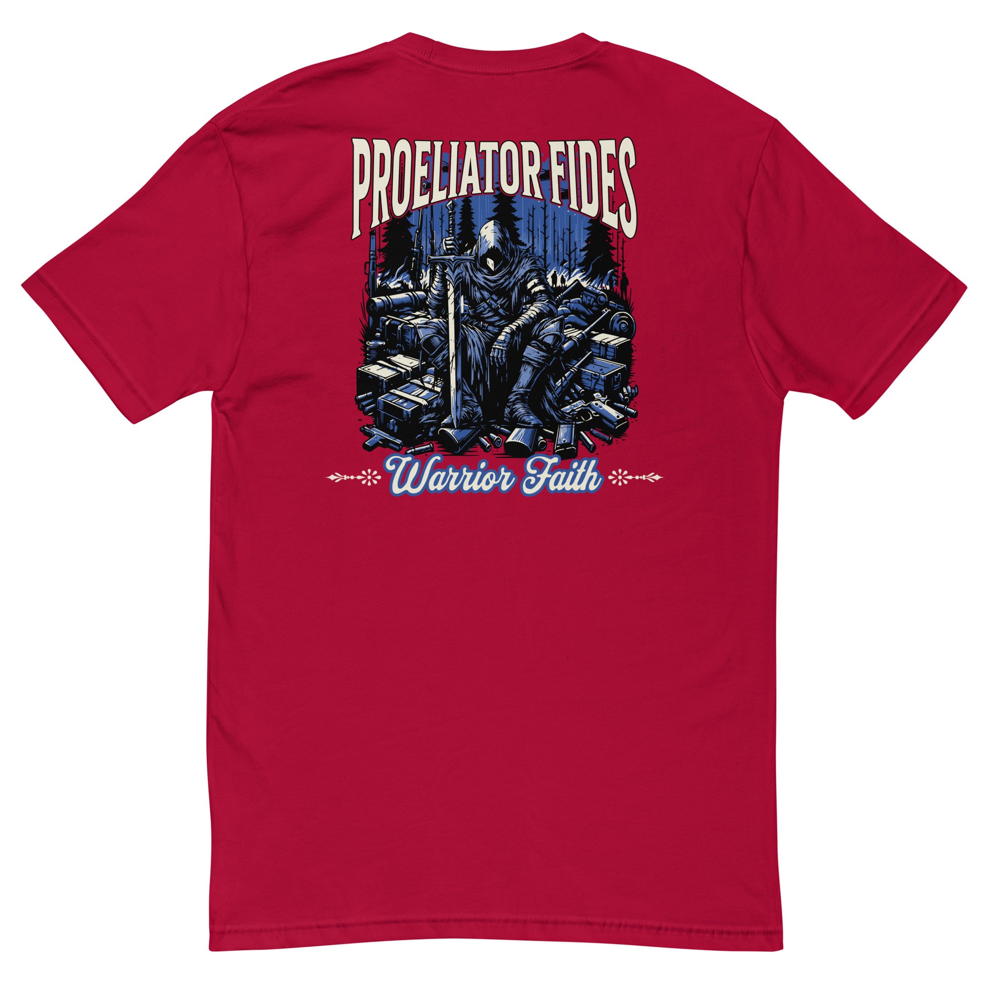 Warrior Faith T-shirt featuring a fighter graphic, symbolizing strength, resilience, and honor, perfect for veterans and those who serve - Back View - Red