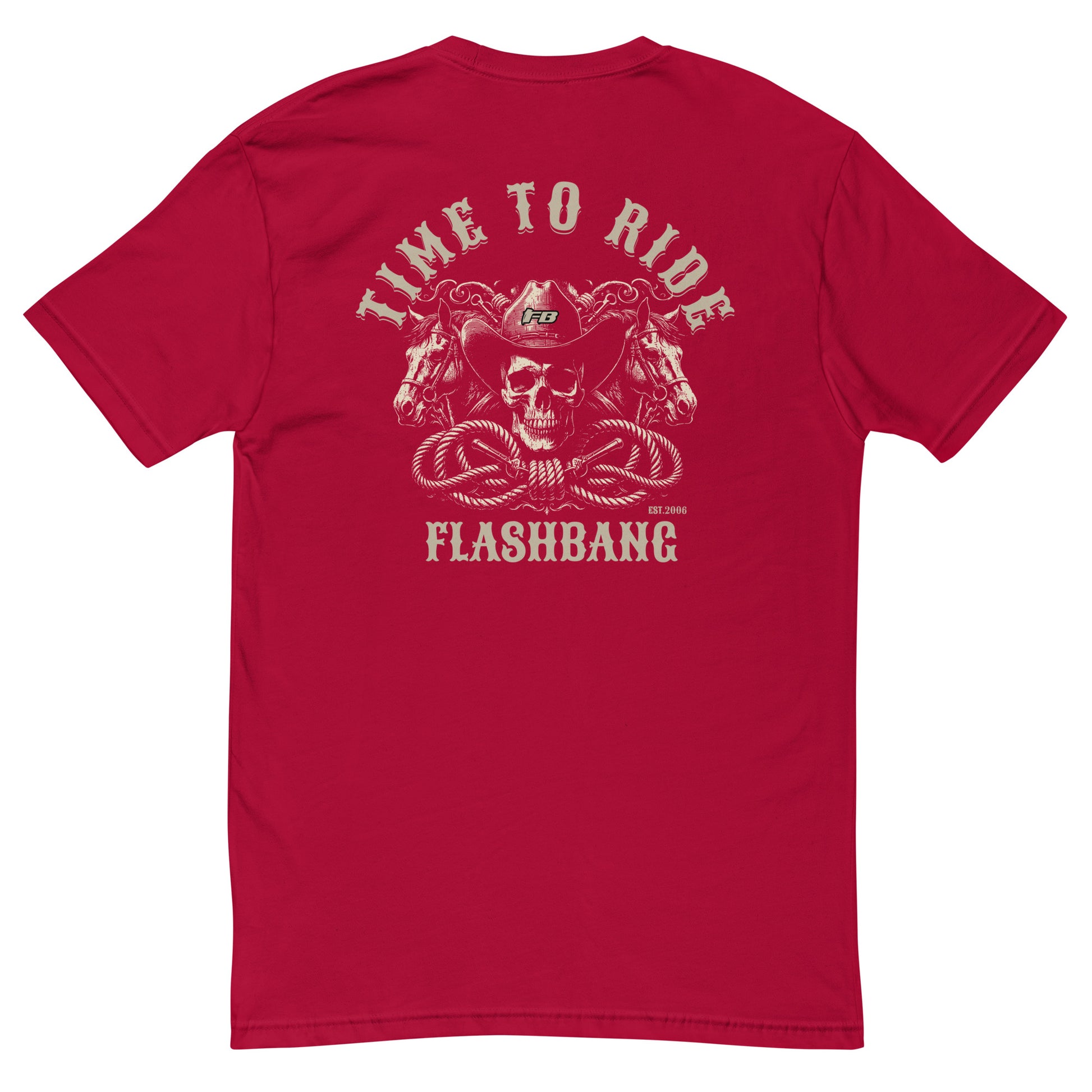 Time to Ride T-shirt with cowboy skull and horse graphic, perfect for men who love Western-style shirts and rugged, durable apparel - Back View - Red