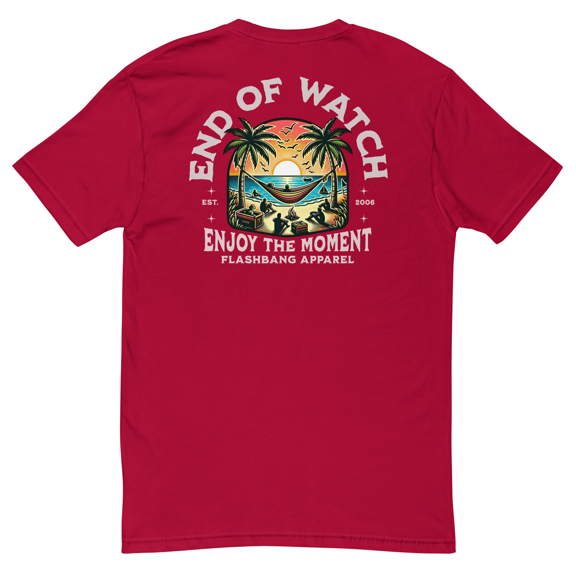 End of Watch T-shirt with palm tree design and summer beach vibes - Back View - Red