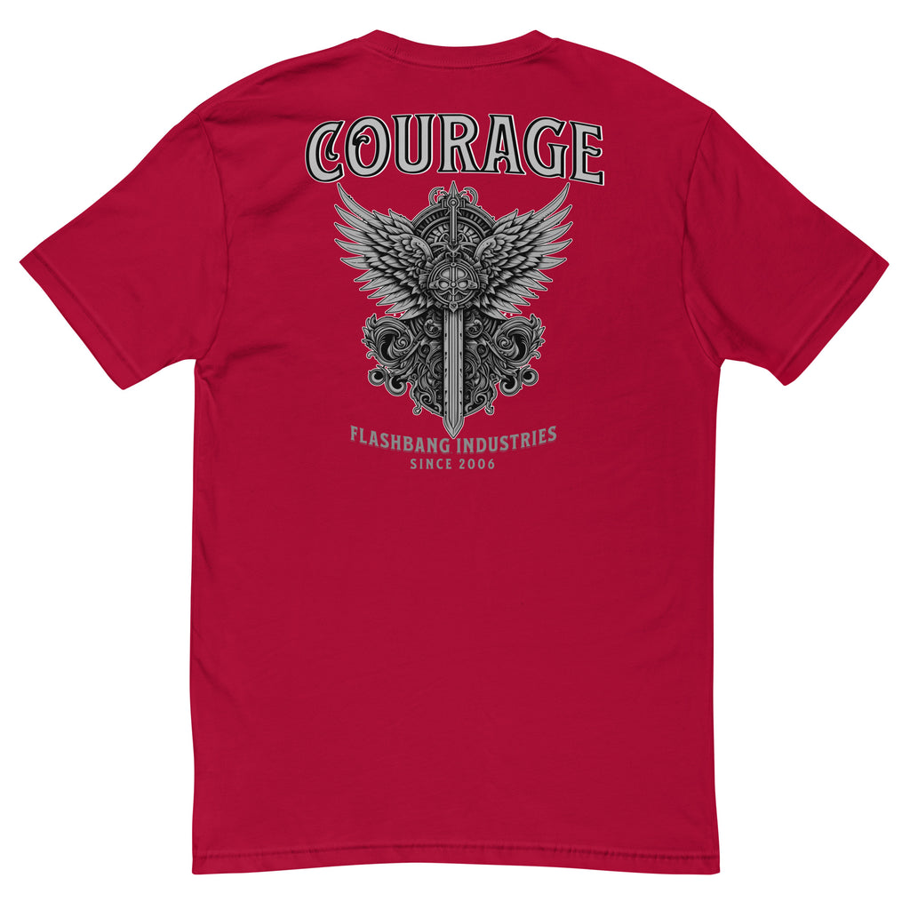 Courage T-shirt with sword and wings graphic, honoring brave soldiers - Back View - Red