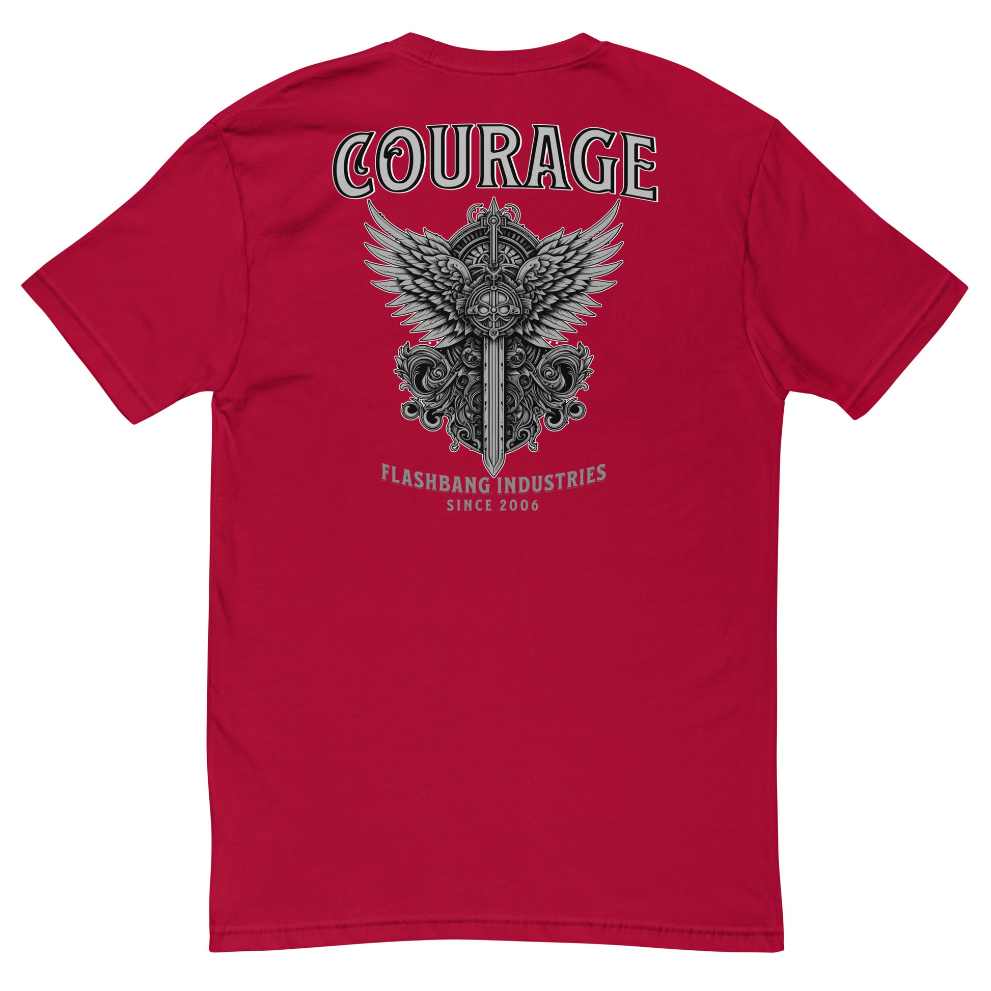 Courage T-shirt with sword and wings graphic, honoring brave soldiers - Back View - Red