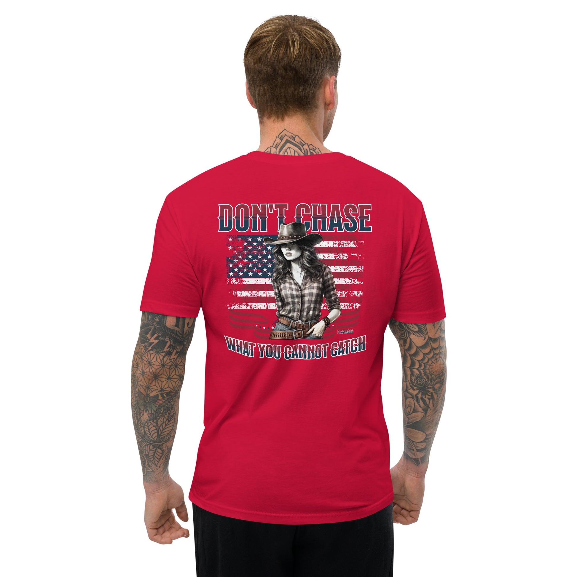 Don't Chase T-shirt – Cowgirl Western shirt for men, ideal for rodeo and Western fashion fans - Back View- Red - Model Guy
