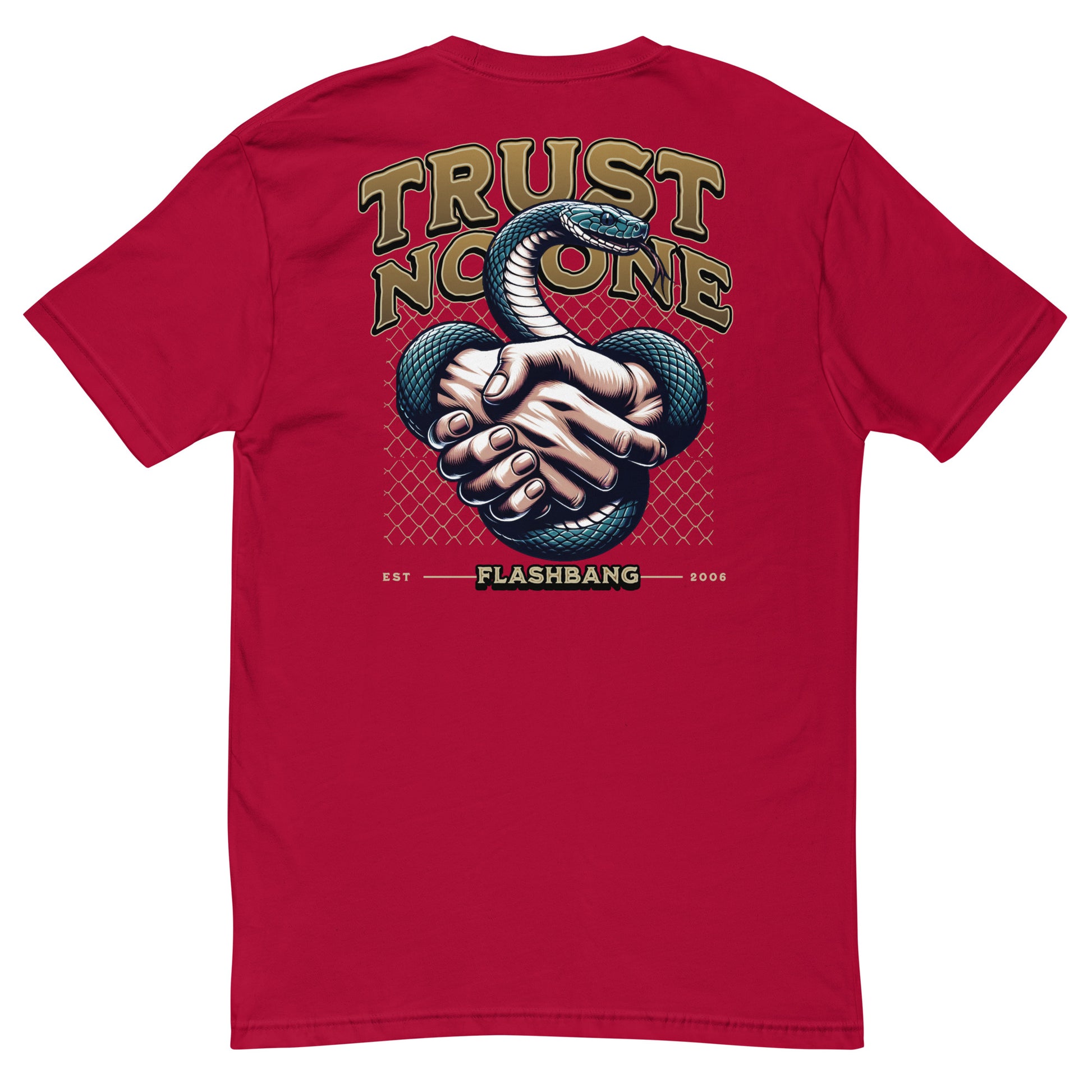 Trust No One T-shirt with bold graphic design featuring a snake and handshake - Back View - Red