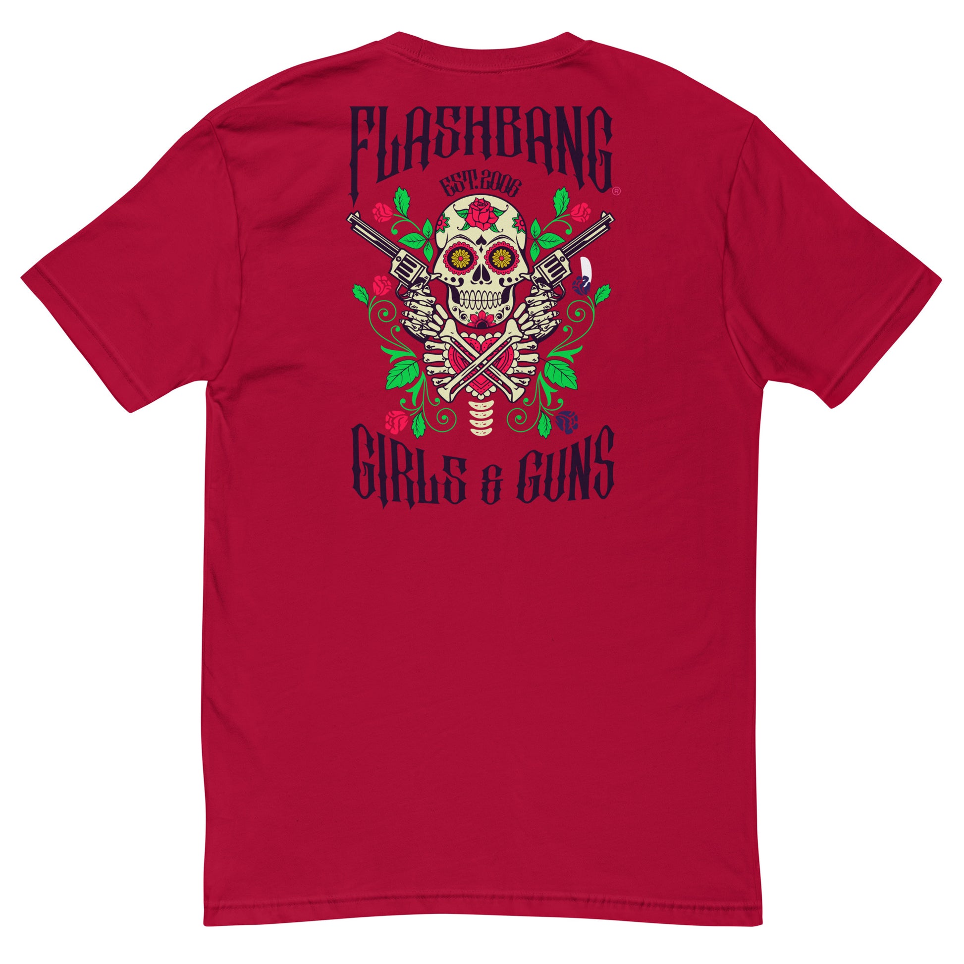 Gun and Roses T-shirt featuring a floral skull and guns design - Back View - Red