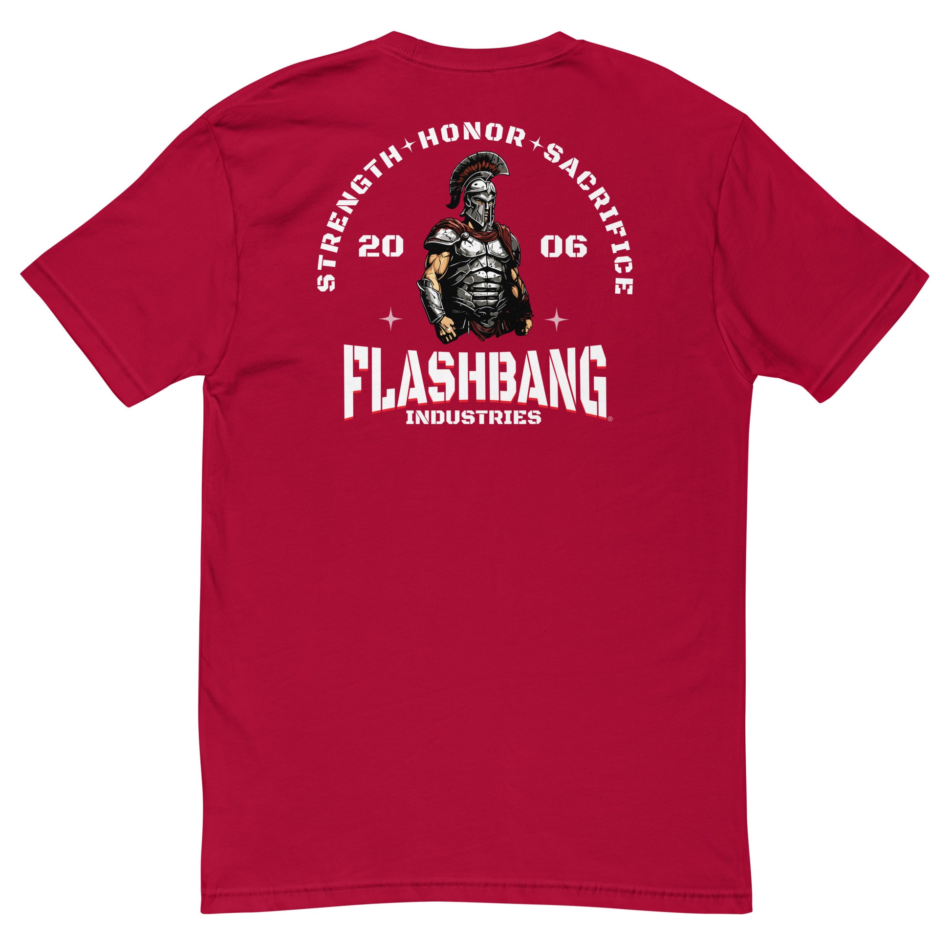 Red t-shirt with graphic design and text on a white background