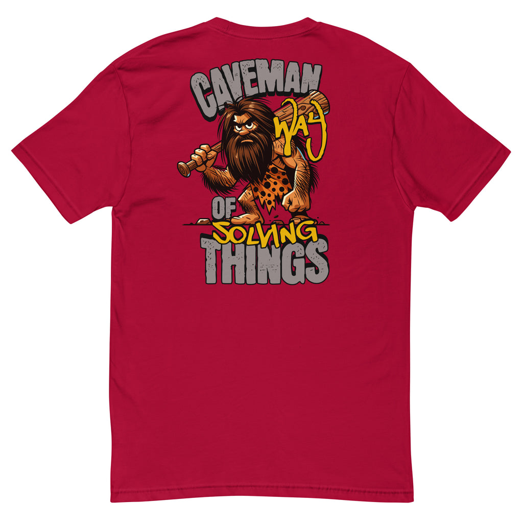 Caveman Way Lite T-shirt with Cave Man Way of Solving Things text - Back View -  Red
