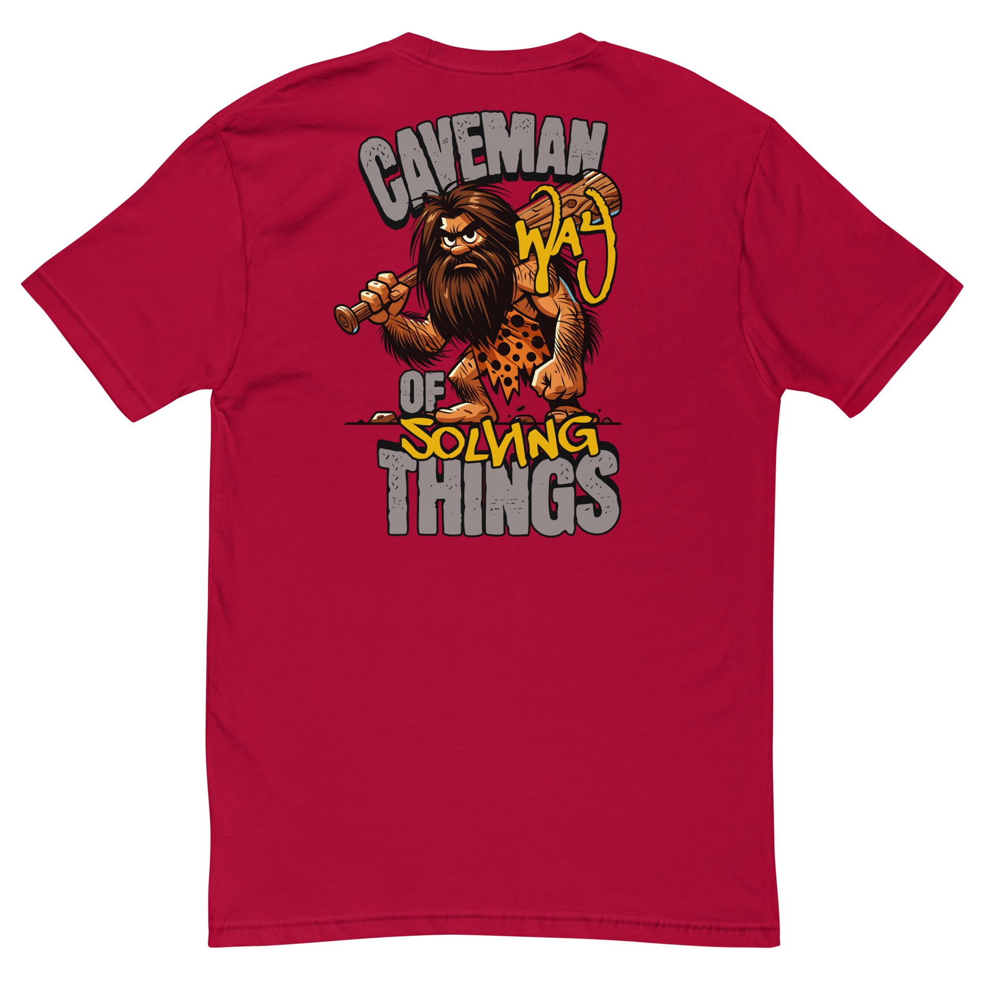 Caveman Way Lite T-shirt with Cave Man Way of Solving Things text - Back View -  Red