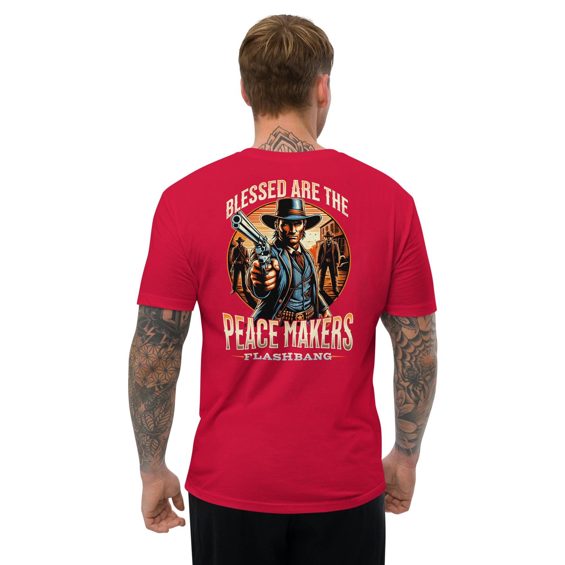 Blessed Are The Peacemakers T-shirt featuring a cowboy graphic, honoring peacekeepers with a bold western design for men - Back View - Red - Model Guy