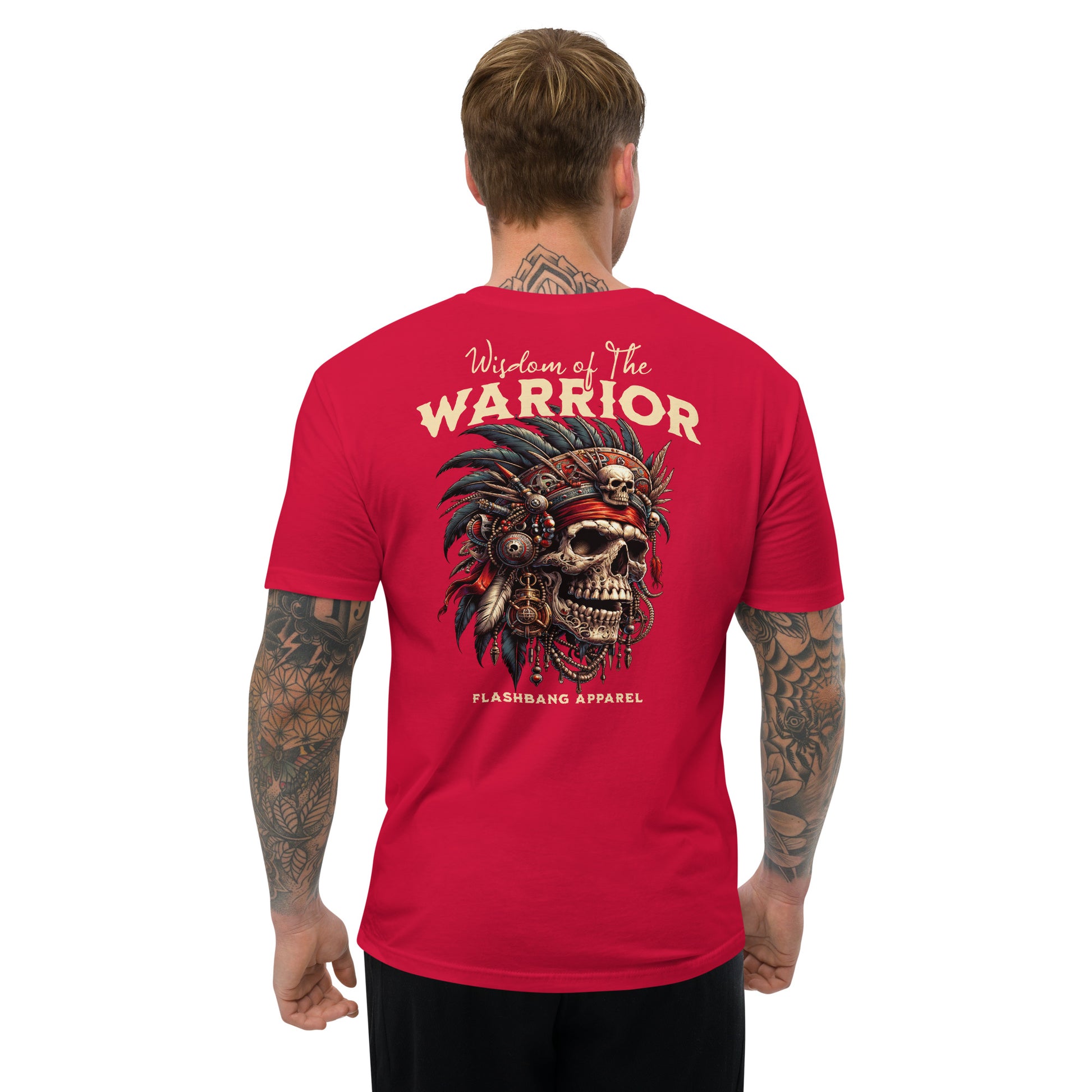 Wisdom Of The Warrior T-shirt featuring bold warrior skull artwork, unique tribal style, and detailed warrior t shirt designs - Back View - Red - Model Guy
